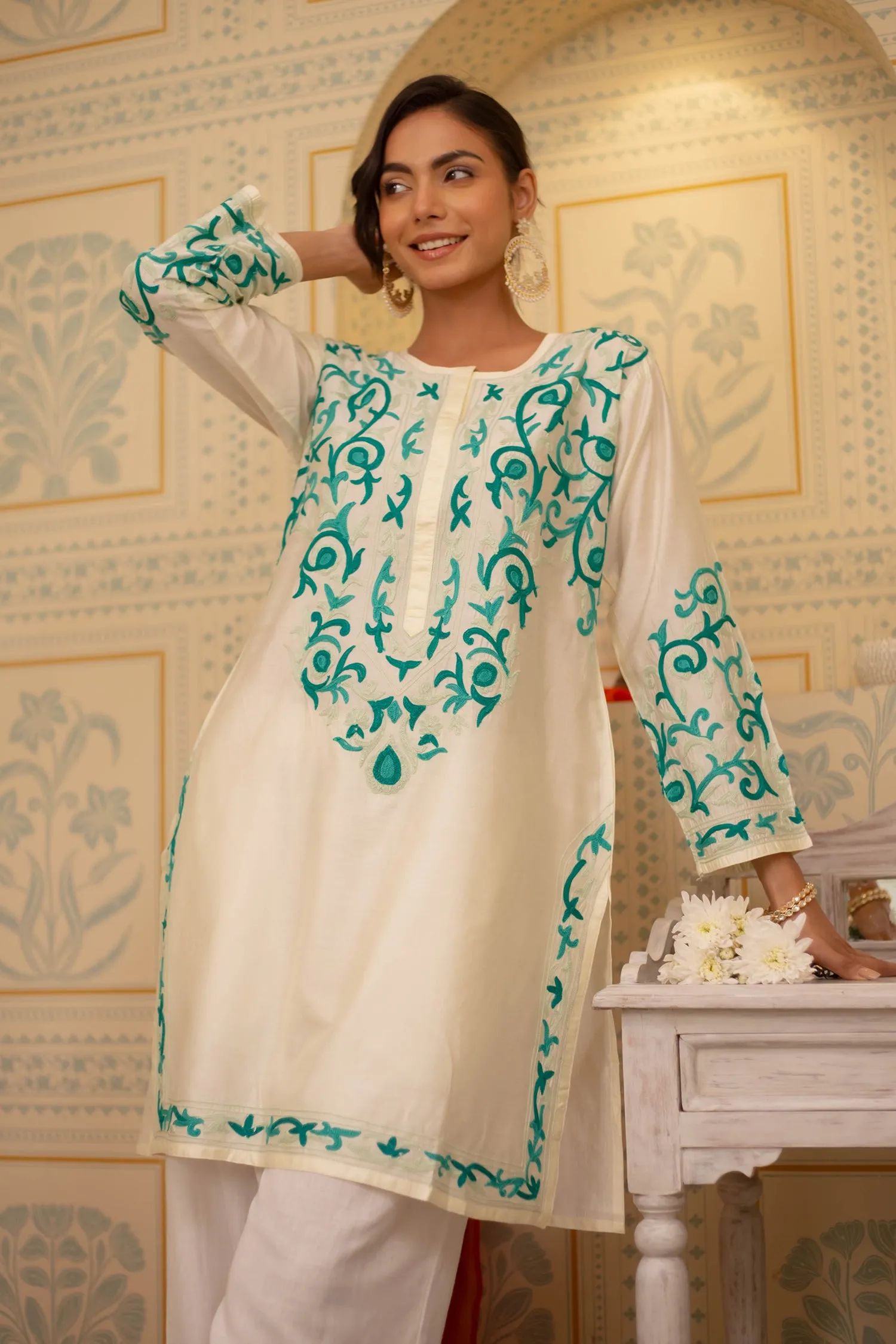 Falak Kashmiri Long Kurta In Chanderi Silk With Turquoise Blue Embroidery