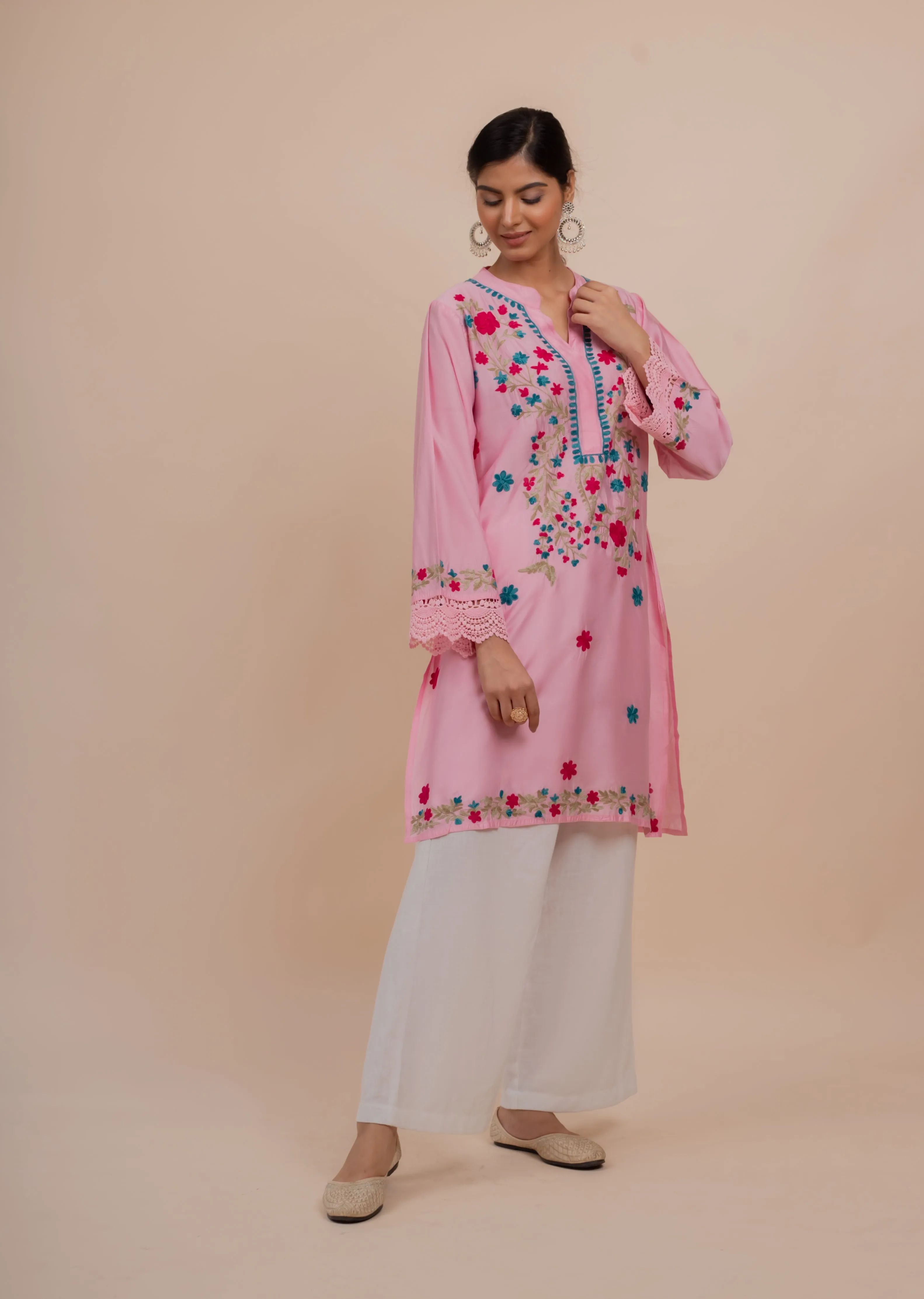 Falak Kashmiri Long Kurta In Pink Chanderi Silk With Aari