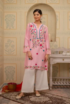 Falak Kashmiri Long Kurta In Pink Chanderi Silk With Aari