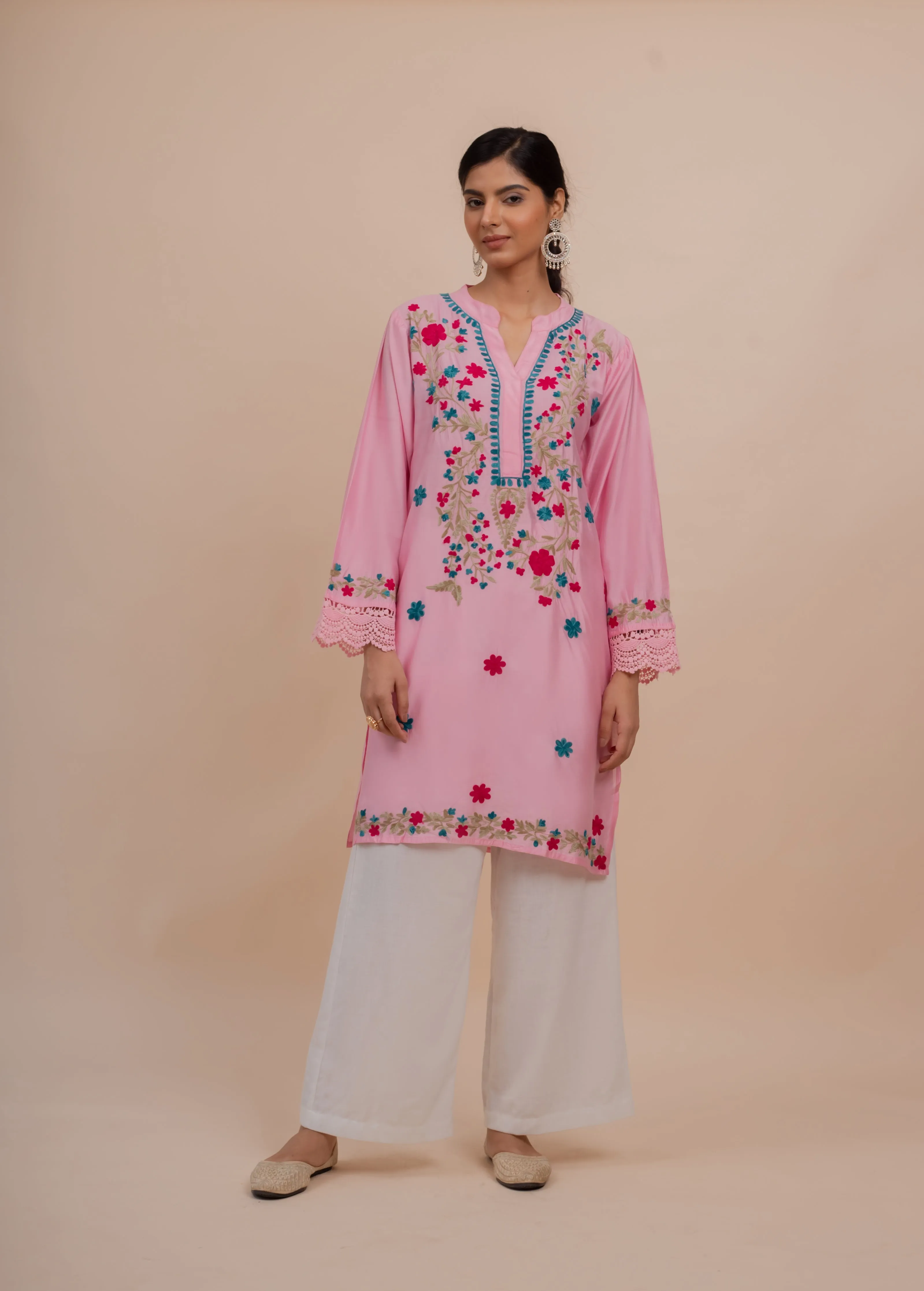 Falak Kashmiri Long Kurta In Pink Chanderi Silk With Aari