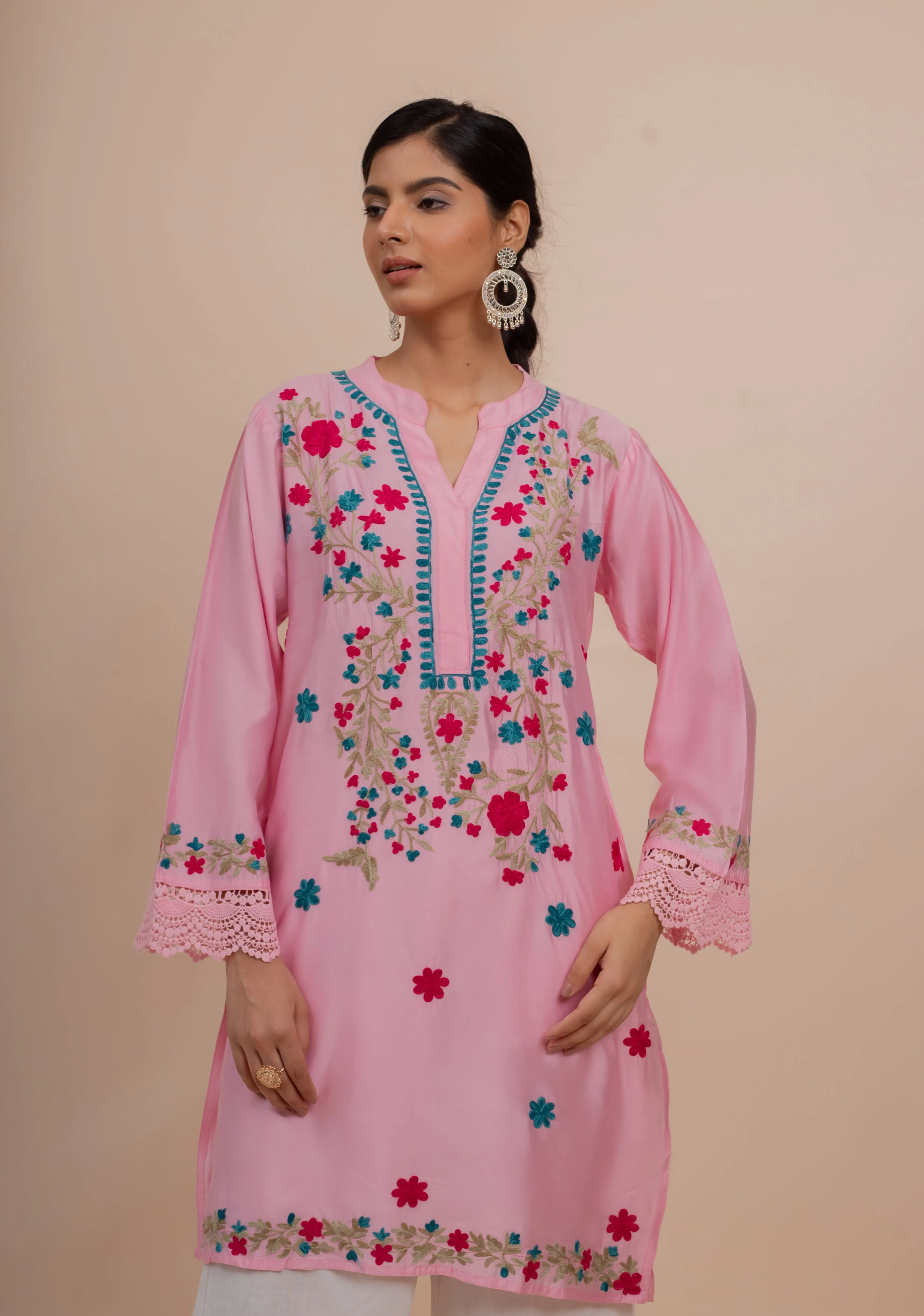 Falak Kashmiri Long Kurta In Pink Chanderi Silk With Aari