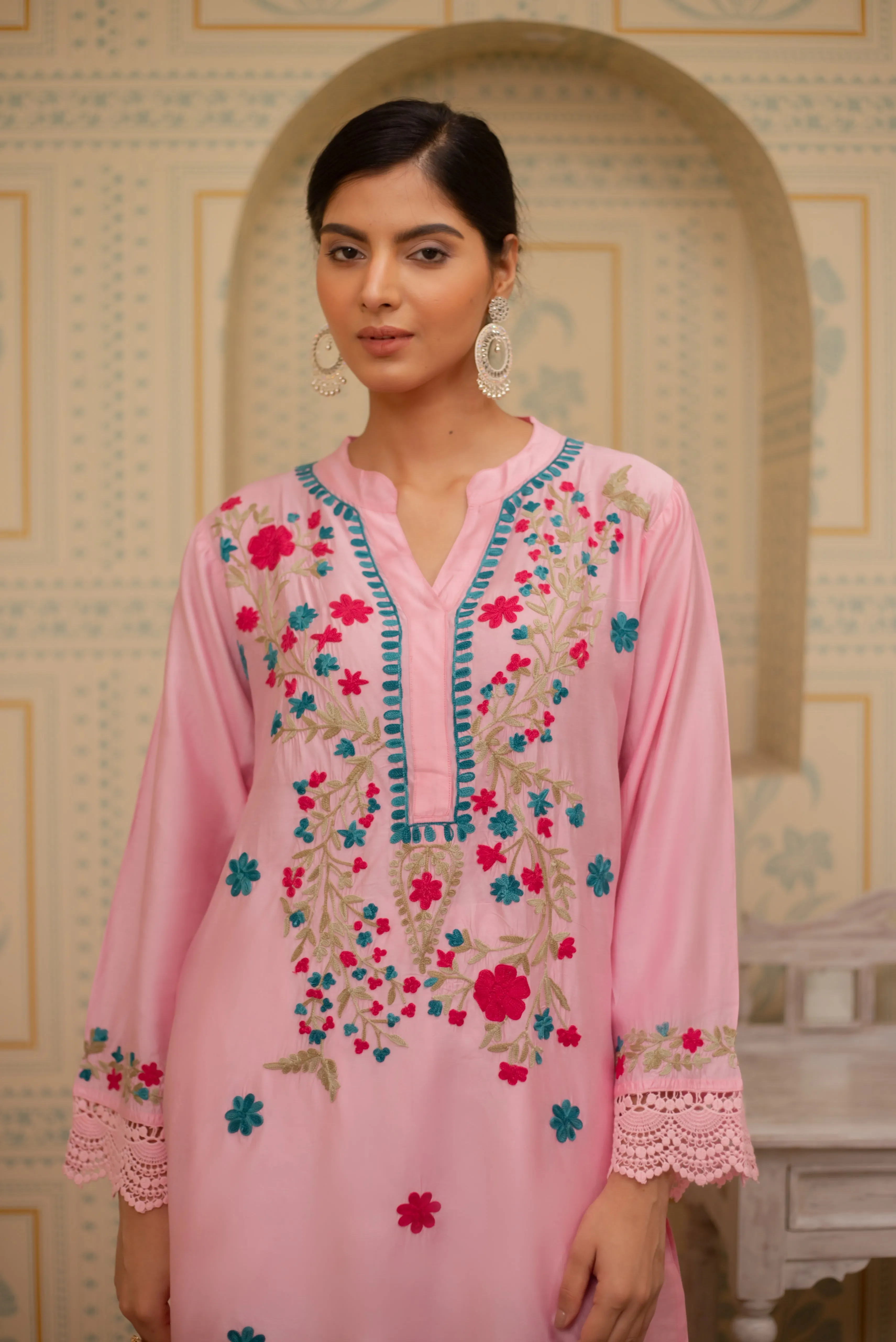 Falak Kashmiri Long Kurta In Pink Chanderi Silk With Aari