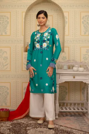 Falak Kashmiri Long Kurta In Turquoise Blue Muslin With Aari