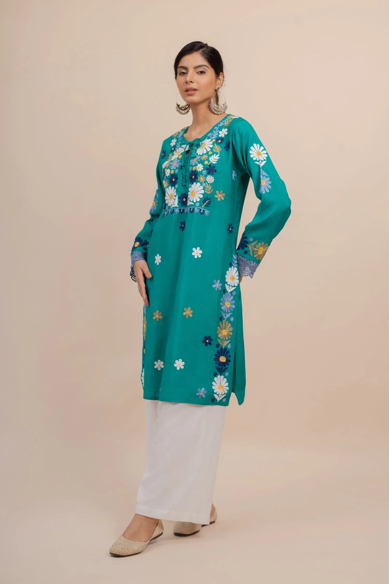 Falak Kashmiri Long Kurta In Turquoise Blue Muslin With Aari