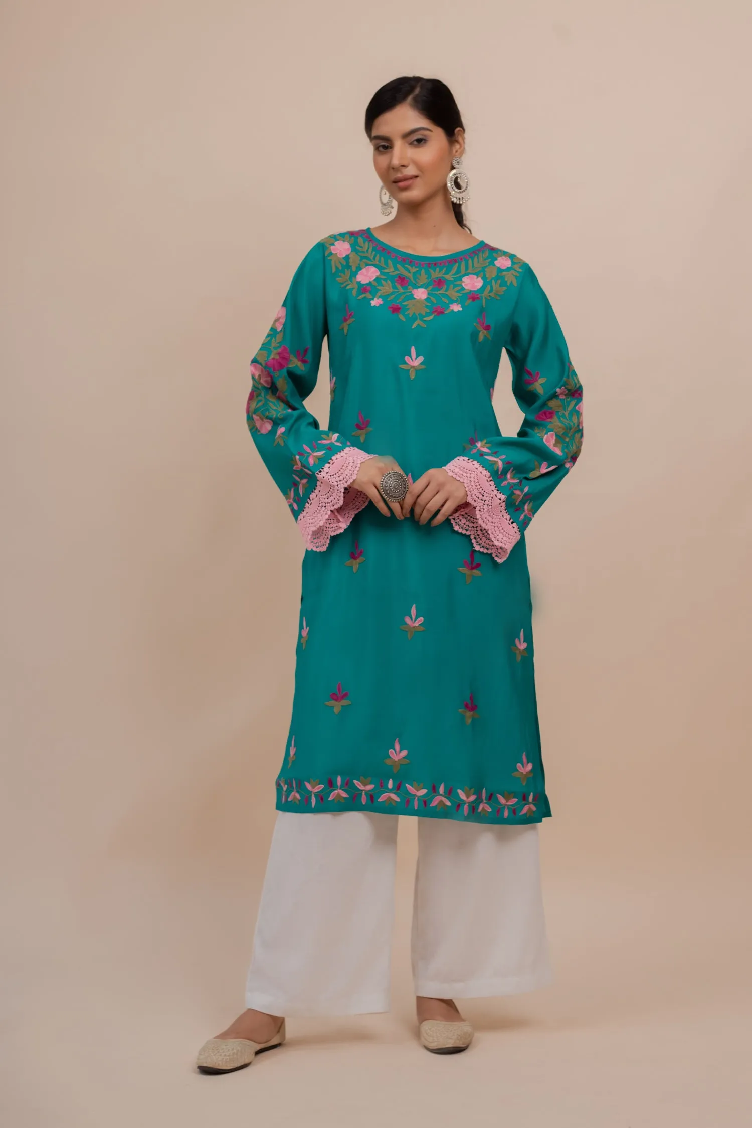 Falak Kashmiri Long Kurta In Turquoise Blue Muslin With Aari