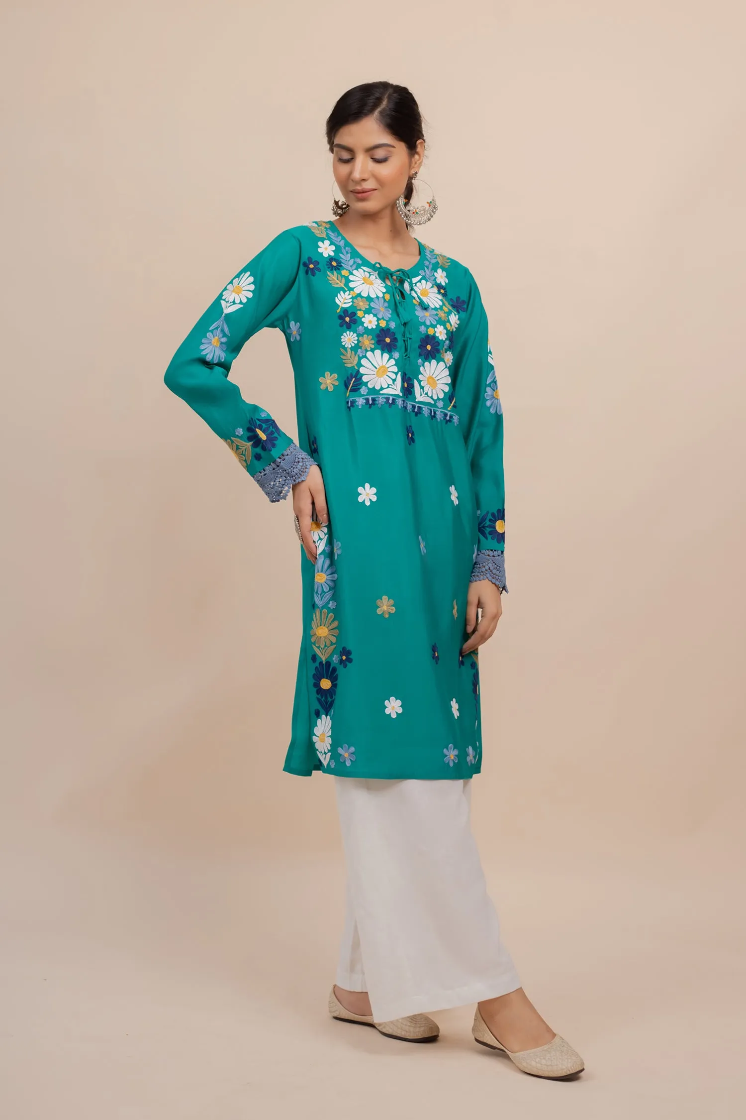 Falak Kashmiri Long Kurta In Turquoise Blue Muslin With Aari