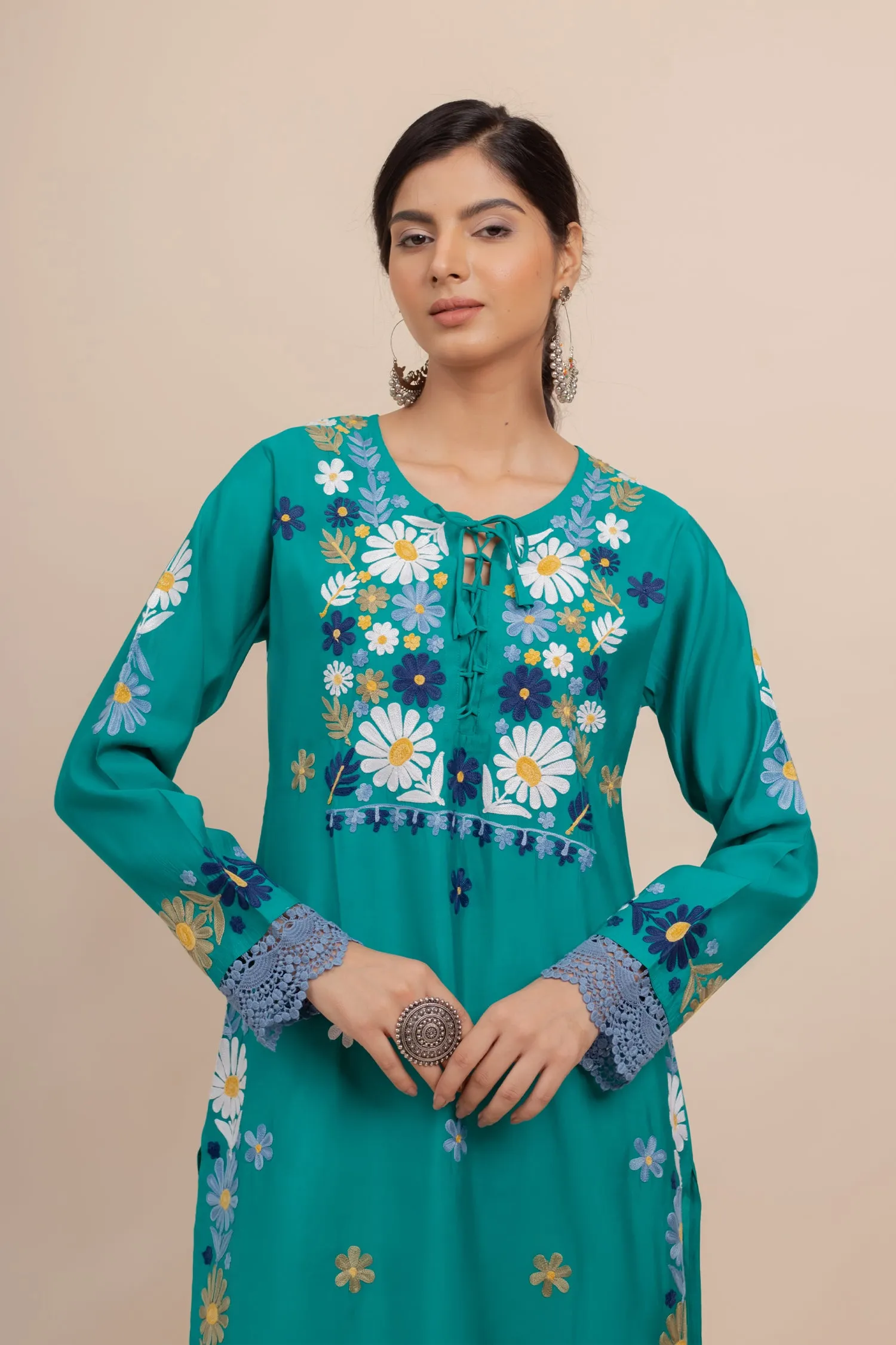 Falak Kashmiri Long Kurta In Turquoise Blue Muslin With Aari