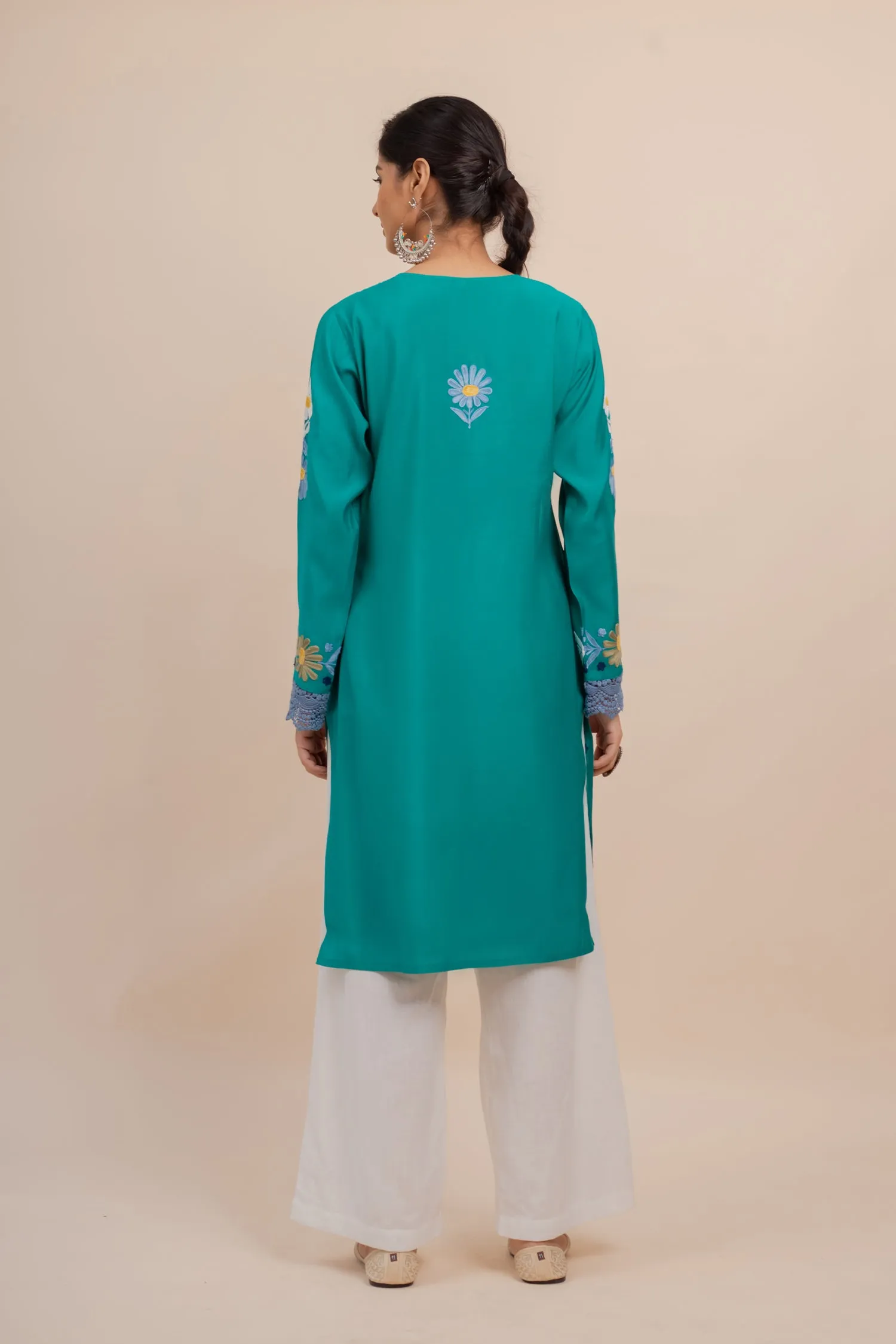 Falak Kashmiri Long Kurta In Turquoise Blue Muslin With Aari