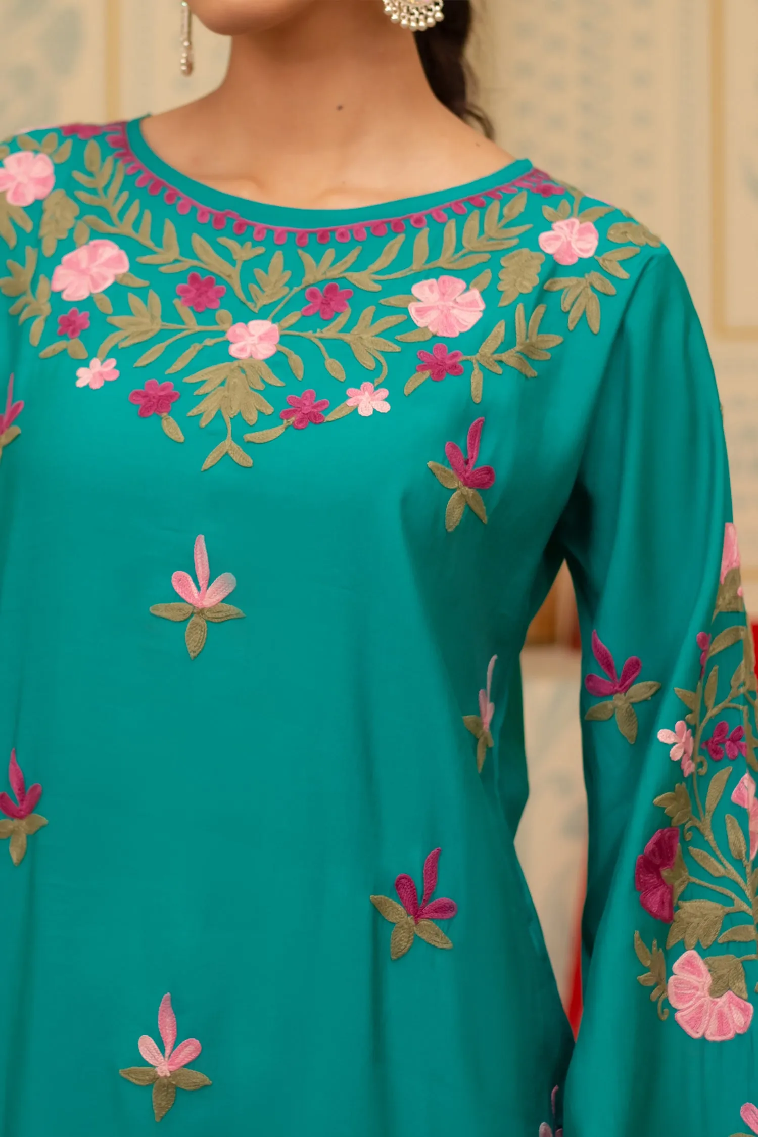 Falak Kashmiri Long Kurta In Turquoise Blue Muslin With Aari