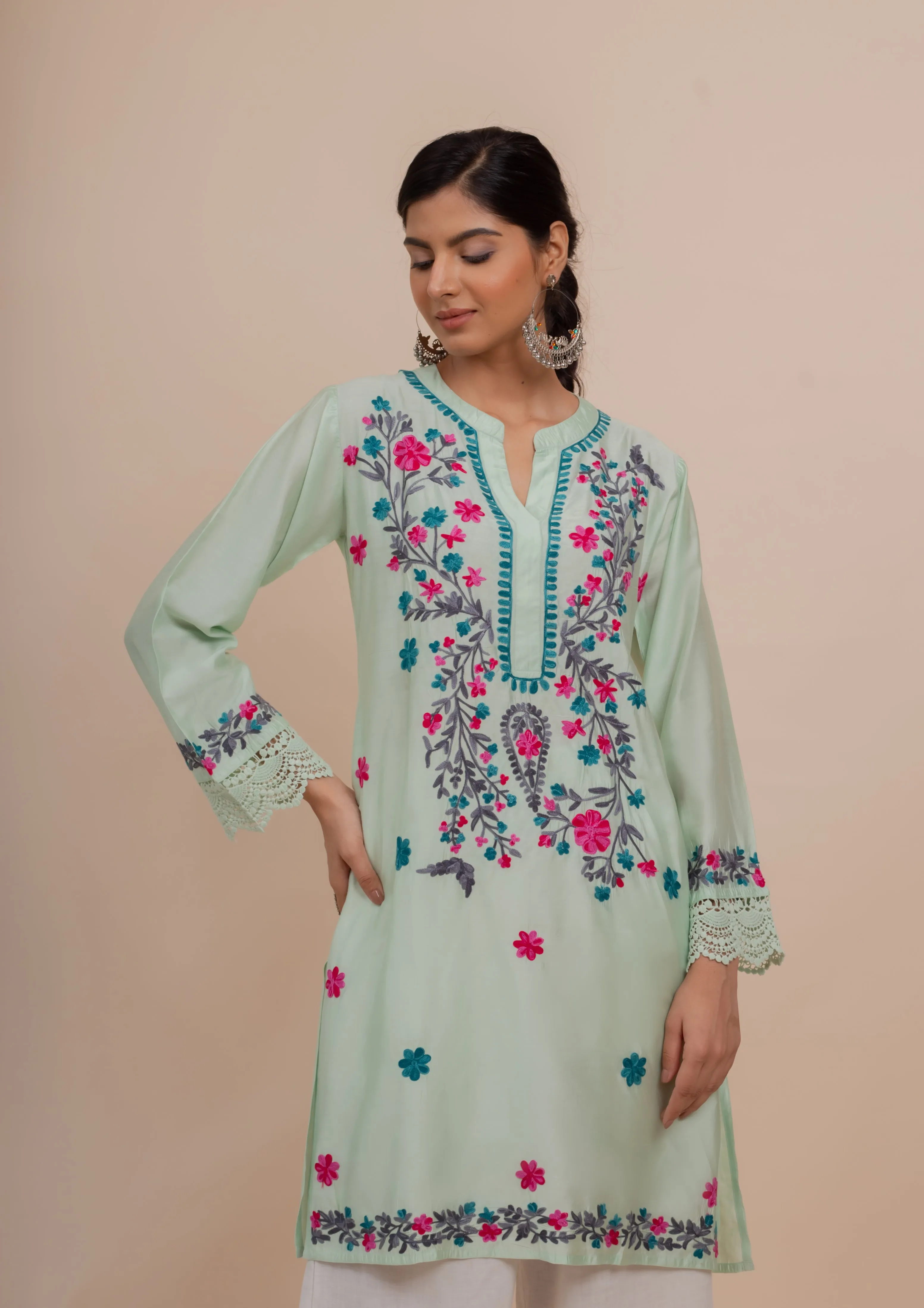 Falak Kashmiri Long Kurta In Turquoise Green Chanderi Silk With Aari