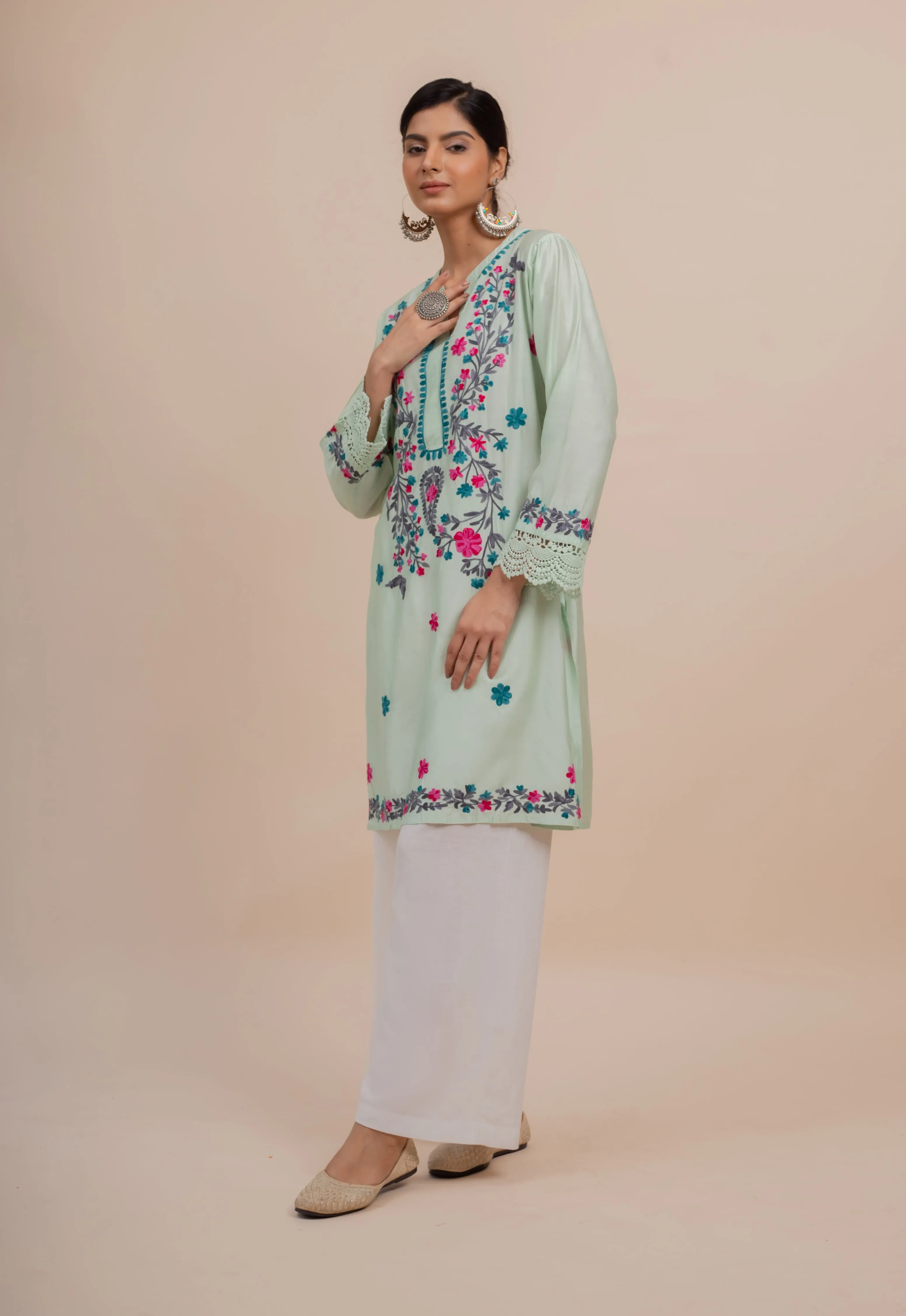 Falak Kashmiri Long Kurta In Turquoise Green Chanderi Silk With Aari