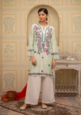 Falak Kashmiri Long Kurta In Turquoise Green Chanderi Silk With Aari