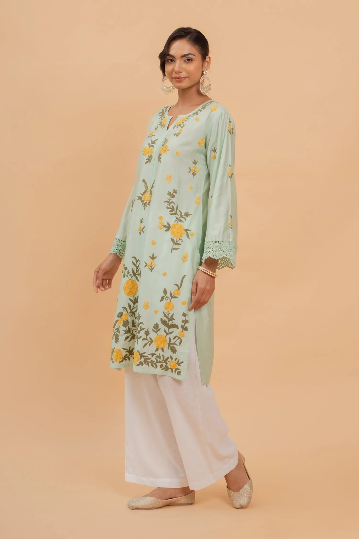 Falak Kashmiri Long Kurta In Turquoise Green Chanderi Silk With Aari