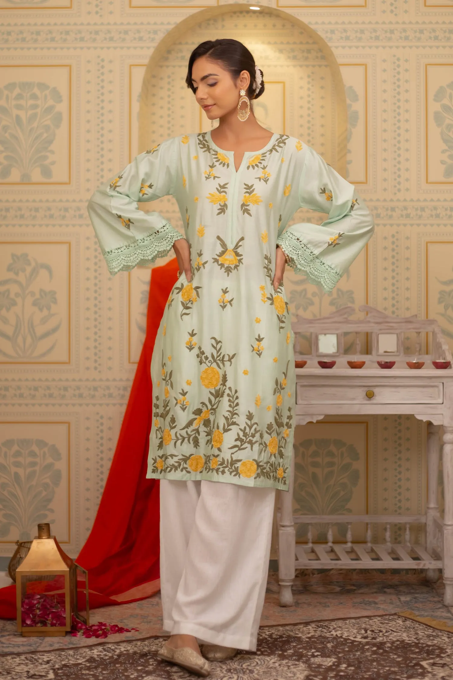 Falak Kashmiri Long Kurta In Turquoise Green Chanderi Silk With Aari