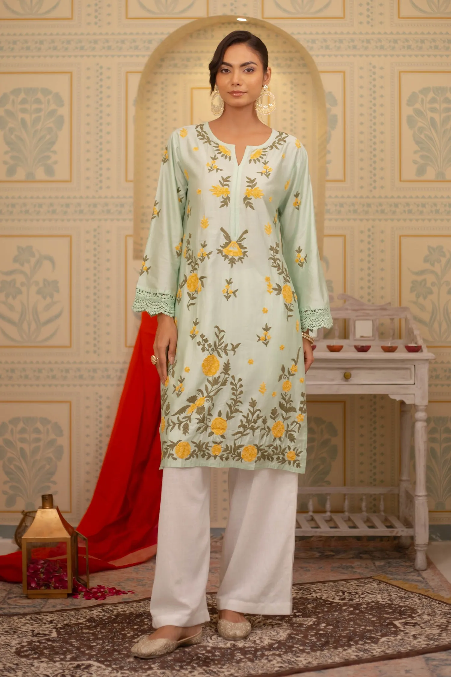 Falak Kashmiri Long Kurta In Turquoise Green Chanderi Silk With Aari