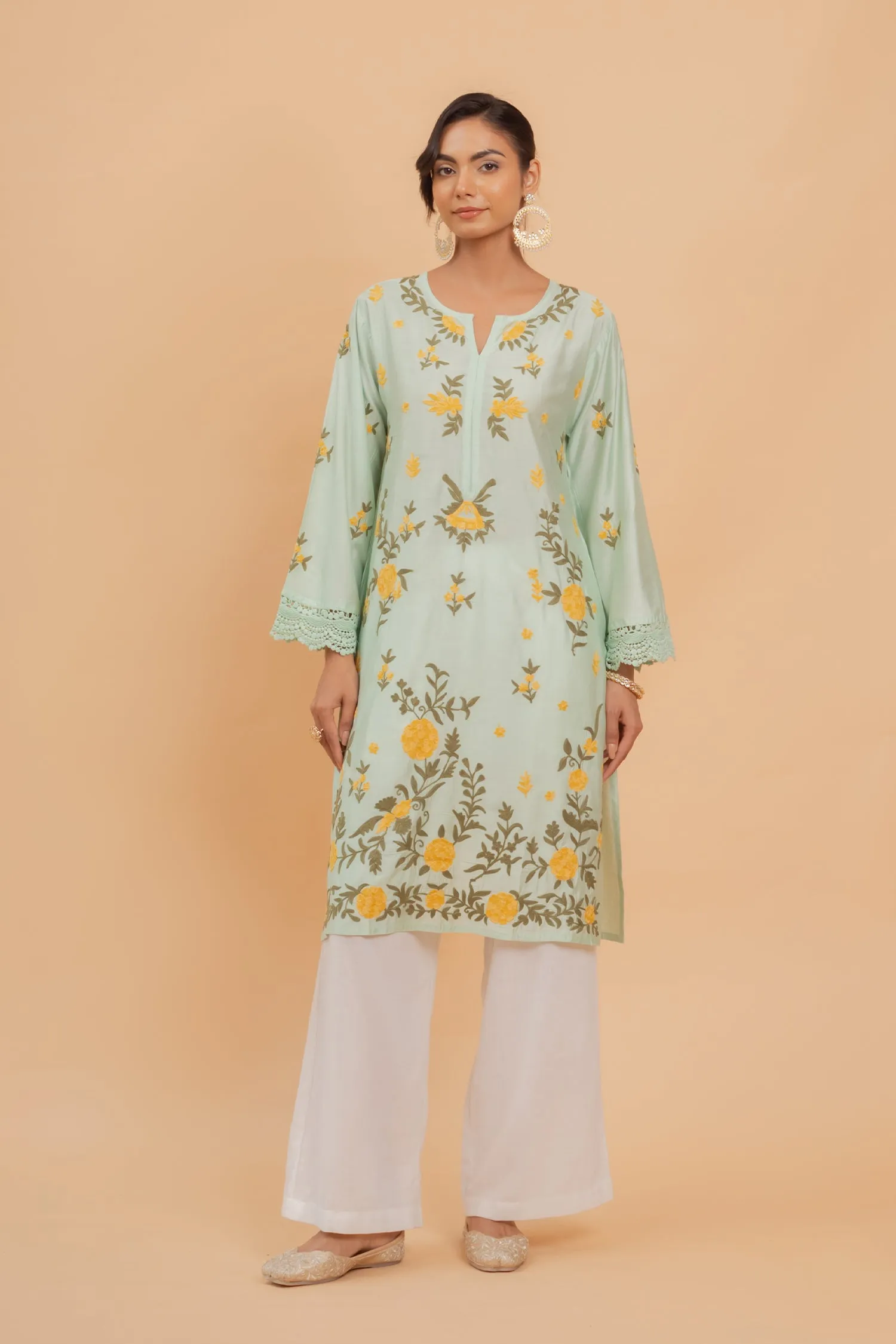 Falak Kashmiri Long Kurta In Turquoise Green Chanderi Silk With Aari