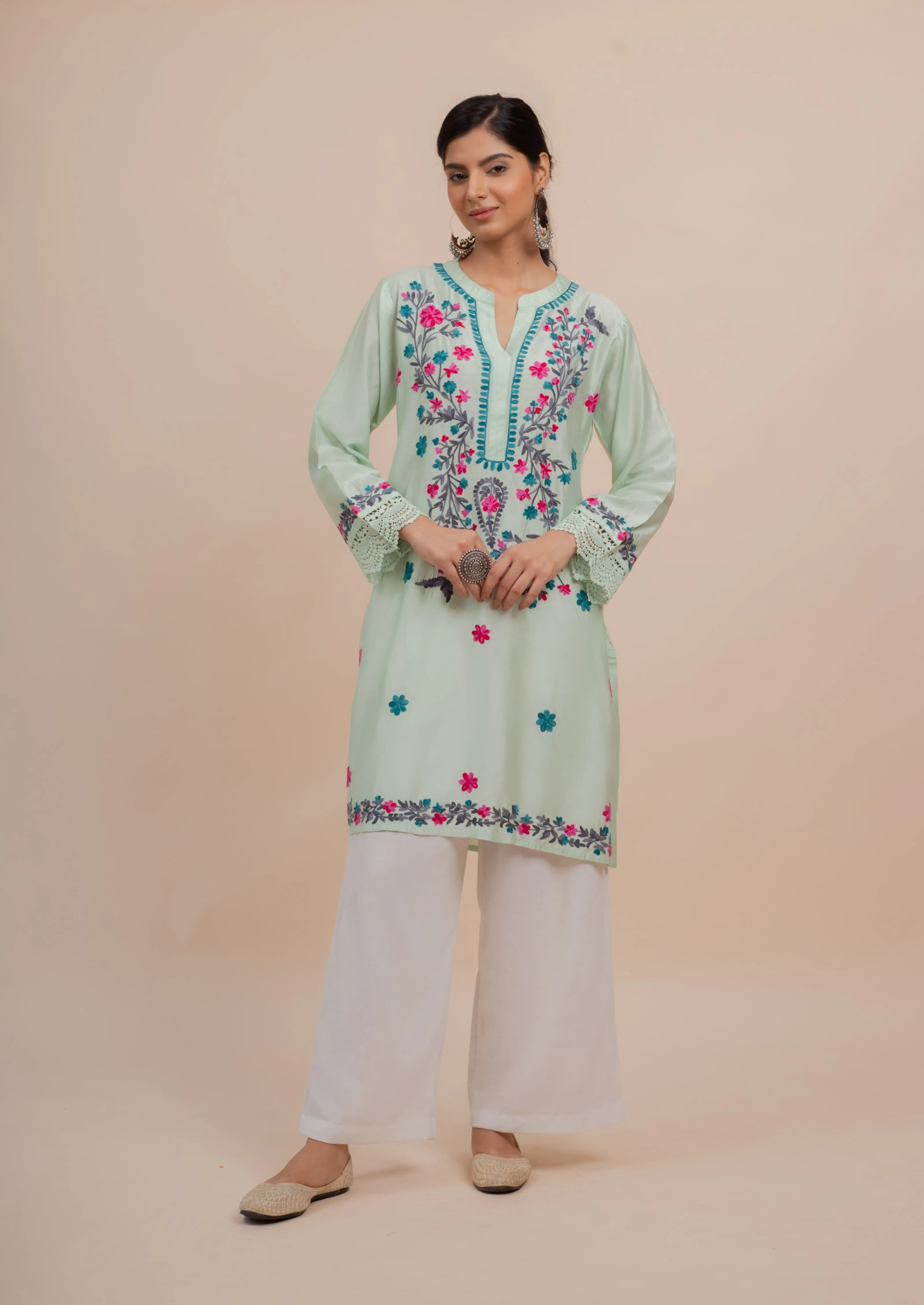 Falak Kashmiri Long Kurta In Turquoise Green Chanderi Silk With Aari