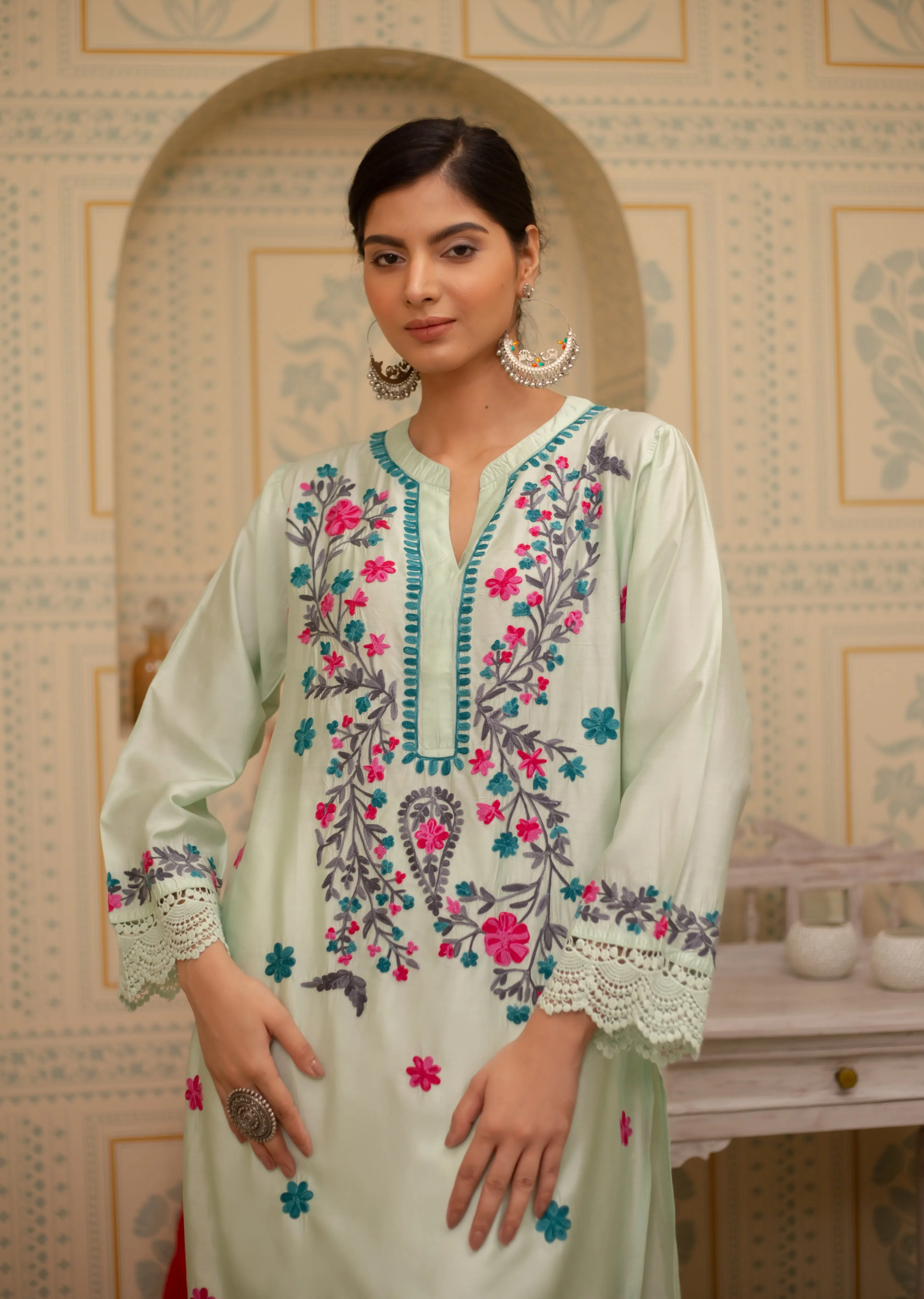 Falak Kashmiri Long Kurta In Turquoise Green Chanderi Silk With Aari