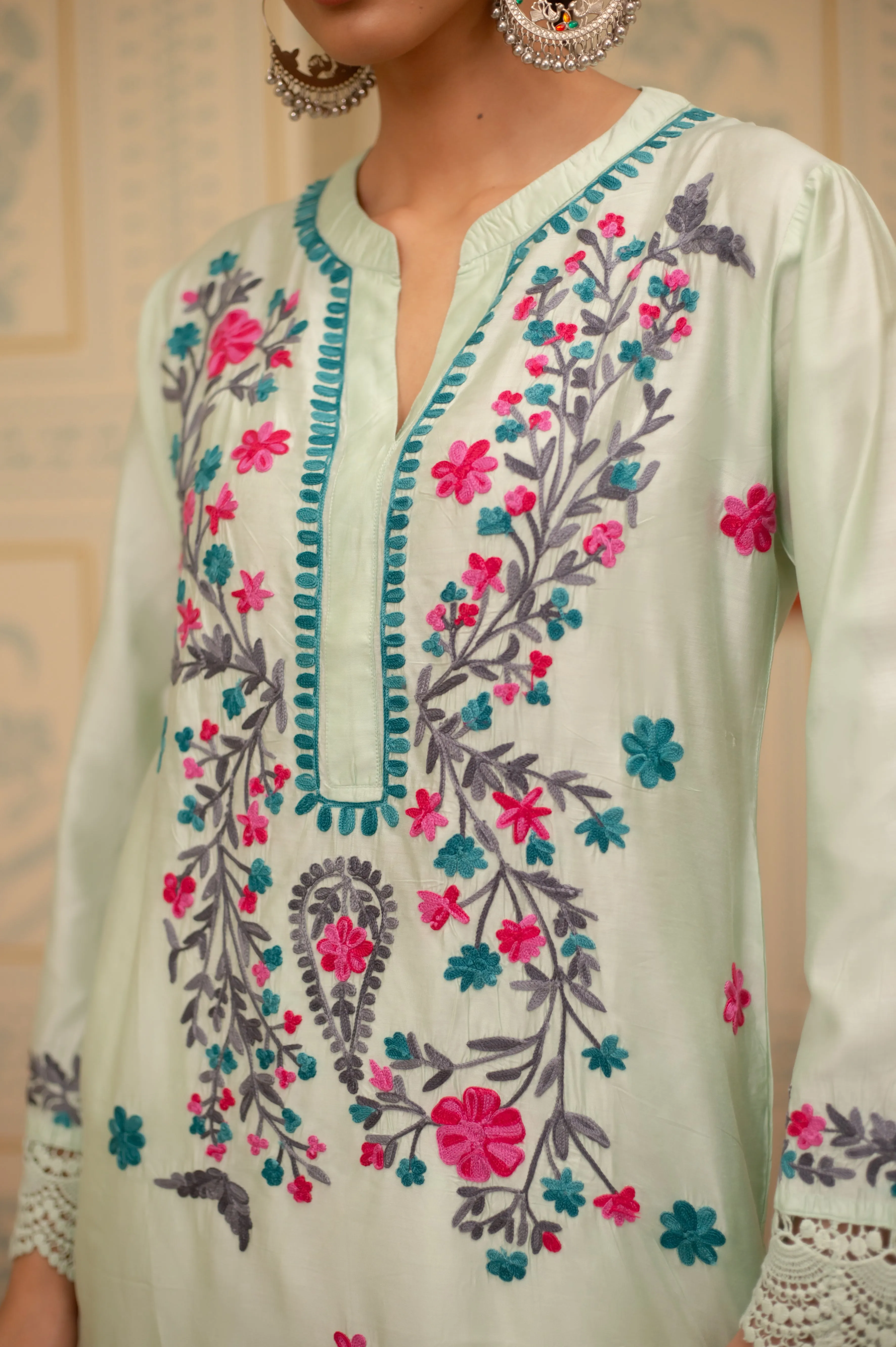 Falak Kashmiri Long Kurta In Turquoise Green Chanderi Silk With Aari