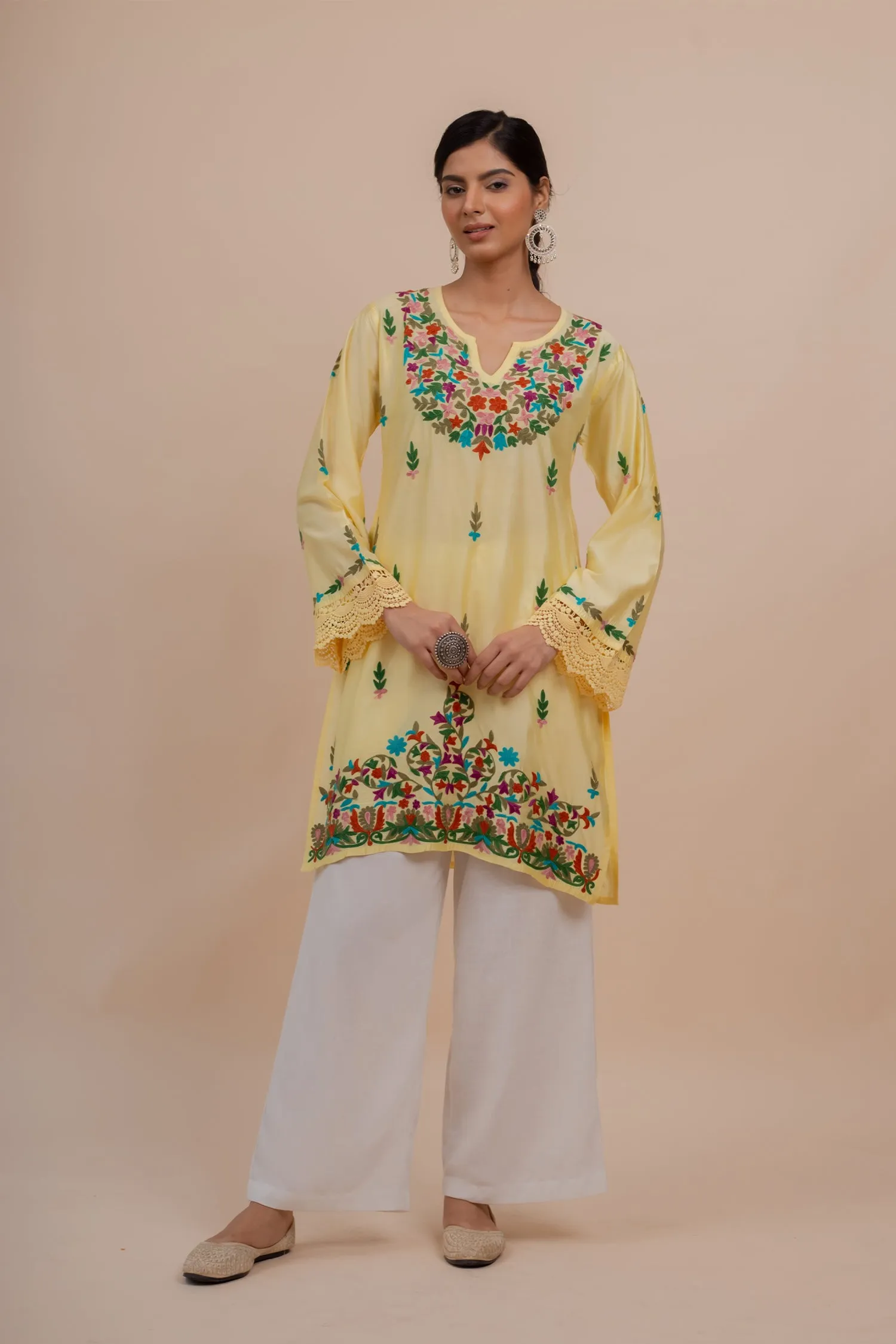 Falak Kashmiri Long Kurta In Yellow Chanderi Silk With Aari