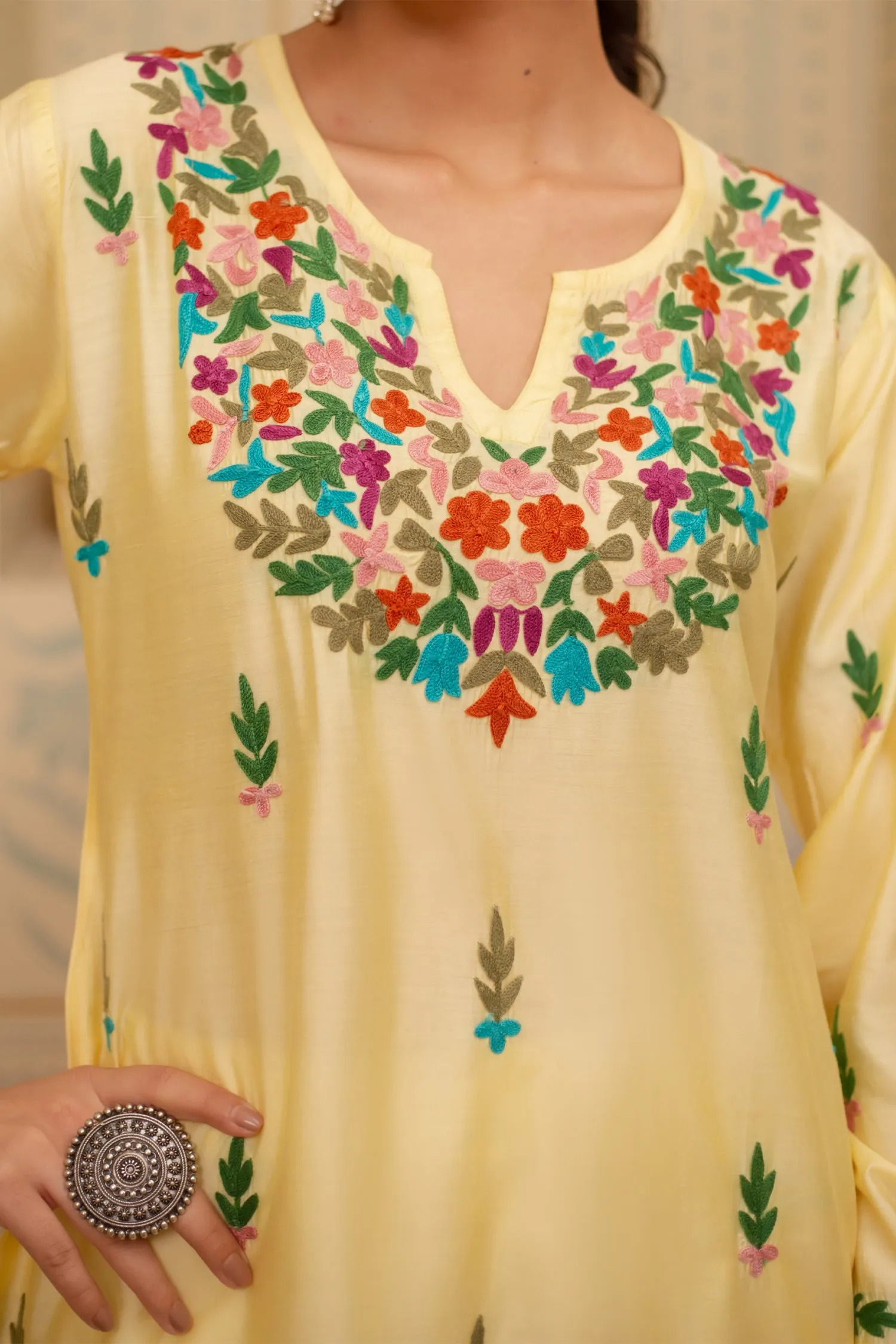 Falak Kashmiri Long Kurta In Yellow Chanderi Silk With Aari