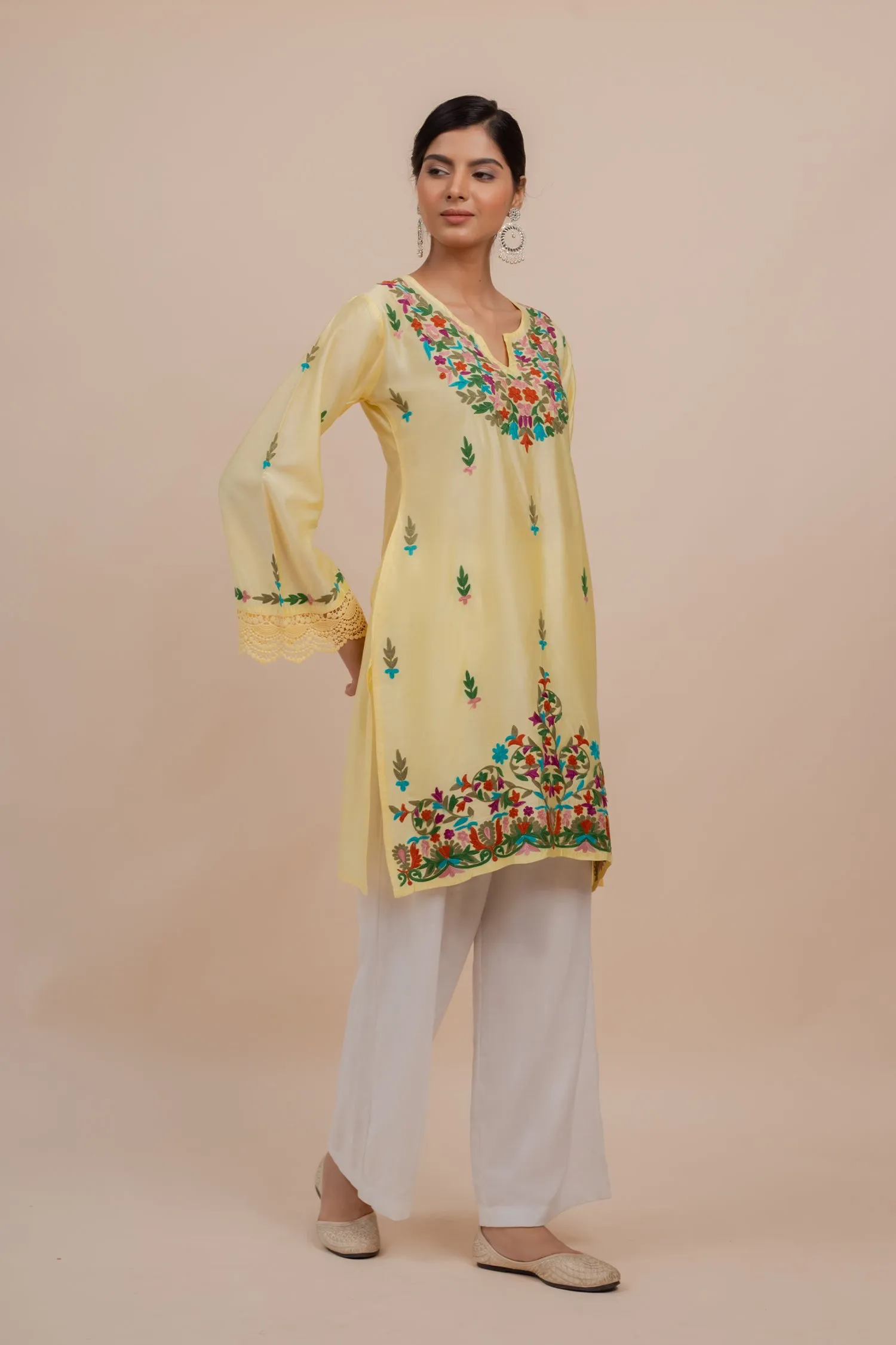 Falak Kashmiri Long Kurta In Yellow Chanderi Silk With Aari