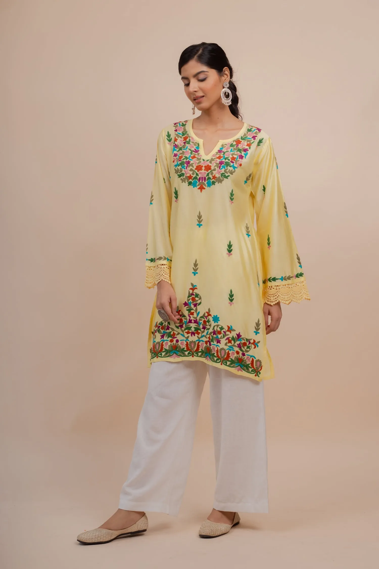 Falak Kashmiri Long Kurta In Yellow Chanderi Silk With Aari