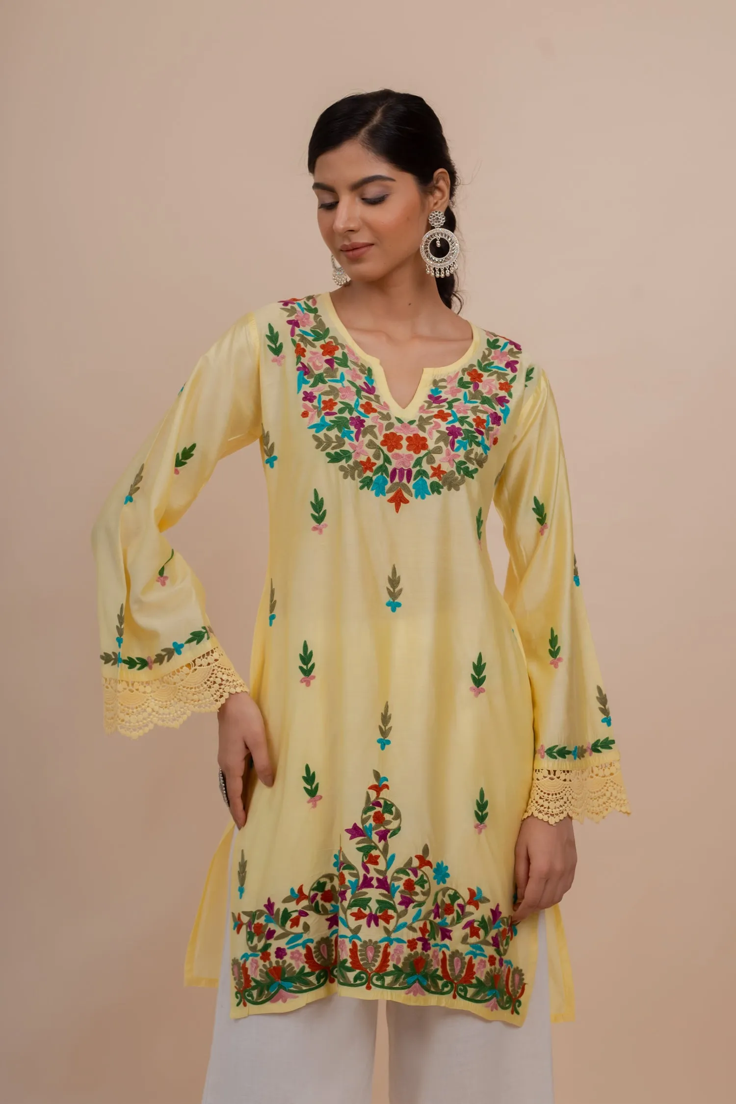 Falak Kashmiri Long Kurta In Yellow Chanderi Silk With Aari