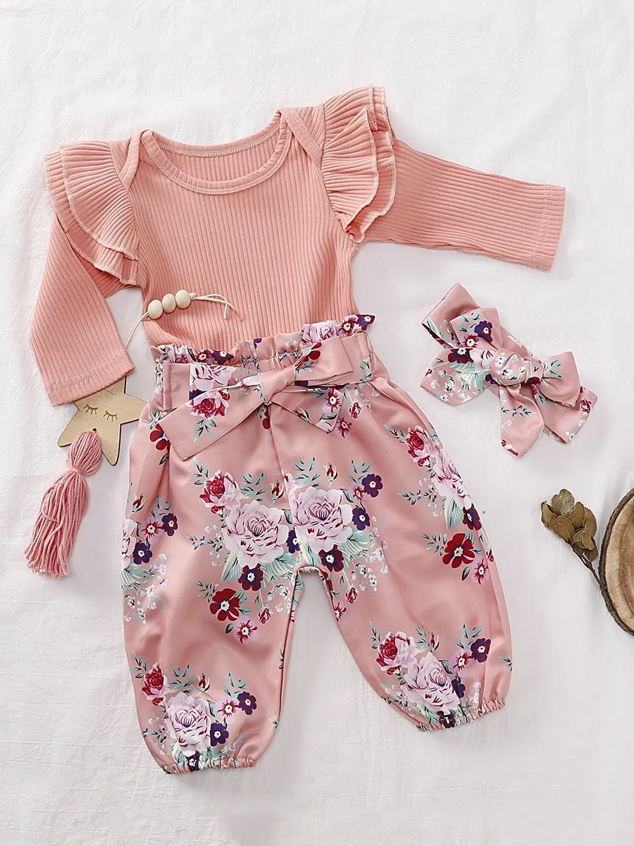 Fall 3-Piece Set Baby Girl Ruffled Sleeve Ribbed Romper and Pants and Headband