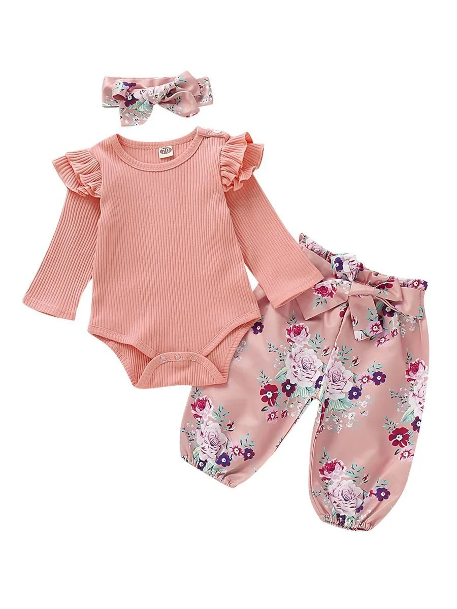 Fall 3-Piece Set Baby Girl Ruffled Sleeve Ribbed Romper and Pants and Headband