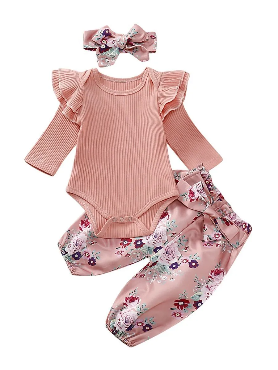 Fall 3-Piece Set Baby Girl Ruffled Sleeve Ribbed Romper and Pants and Headband