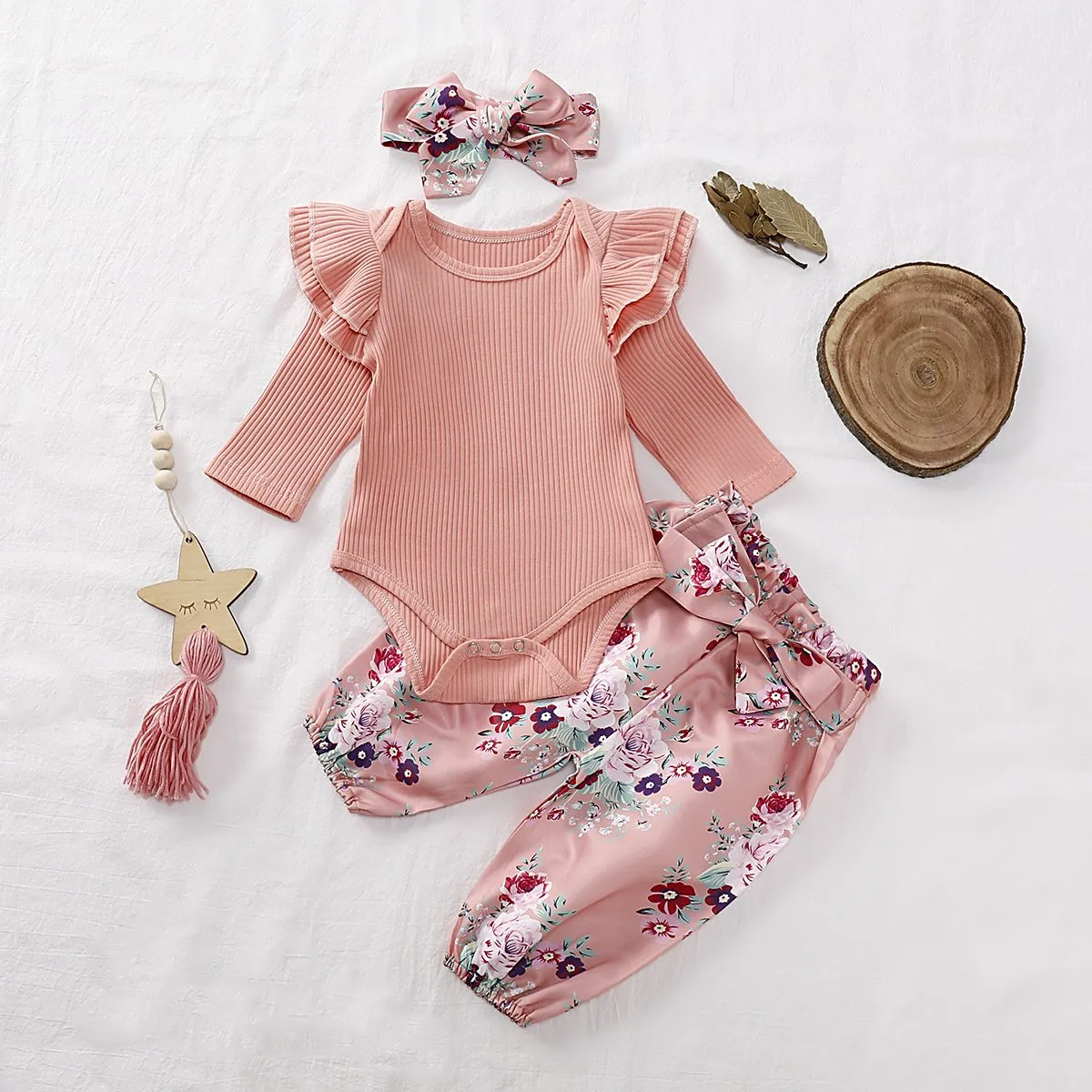 Fall 3-Piece Set Baby Girl Ruffled Sleeve Ribbed Romper and Pants and Headband