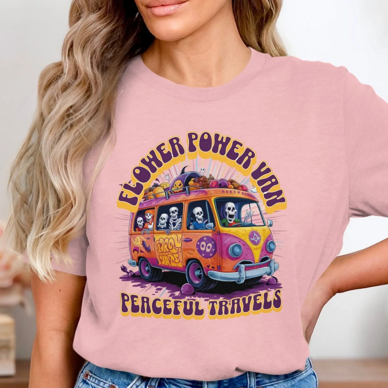 Flower Power Van Peaceful Travels Hippie T-Shirt, Retro Van Skeletons Tee, Vintage Peace Love Travel Shirt, Festival Graphic Top