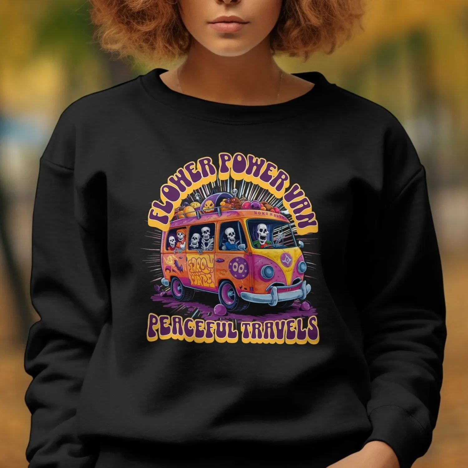 Flower Power Van Peaceful Travels Hippie T-Shirt, Retro Van Skeletons Tee, Vintage Peace Love Travel Shirt, Festival Graphic Top