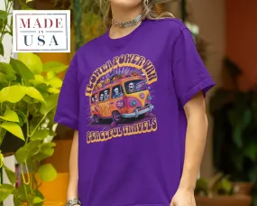 Flower Power Van Peaceful Travels Hippie T-Shirt, Retro Van Skeletons Tee, Vintage Peace Love Travel Shirt, Festival Graphic Top