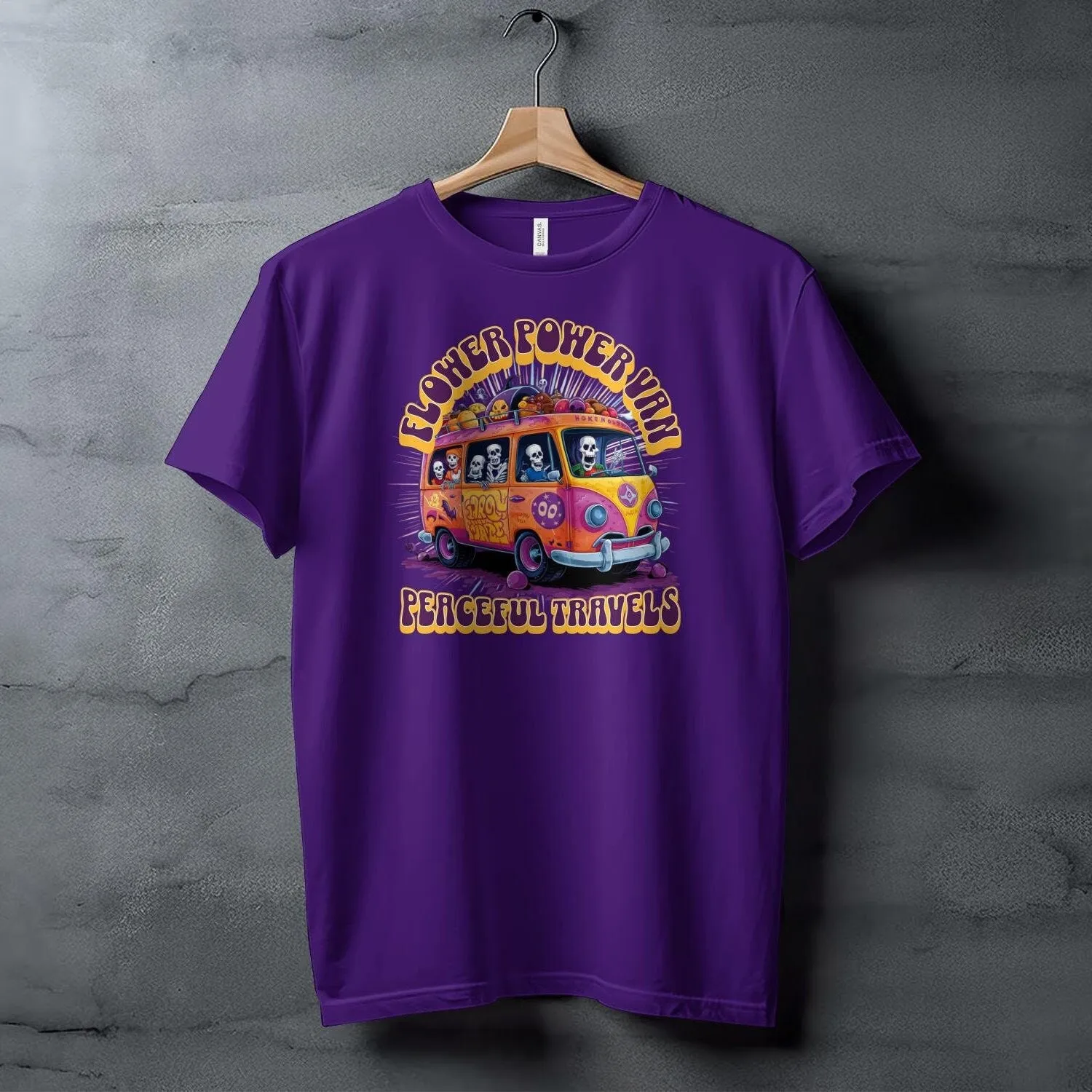 Flower Power Van Peaceful Travels Hippie T-Shirt, Retro Van Skeletons Tee, Vintage Peace Love Travel Shirt, Festival Graphic Top