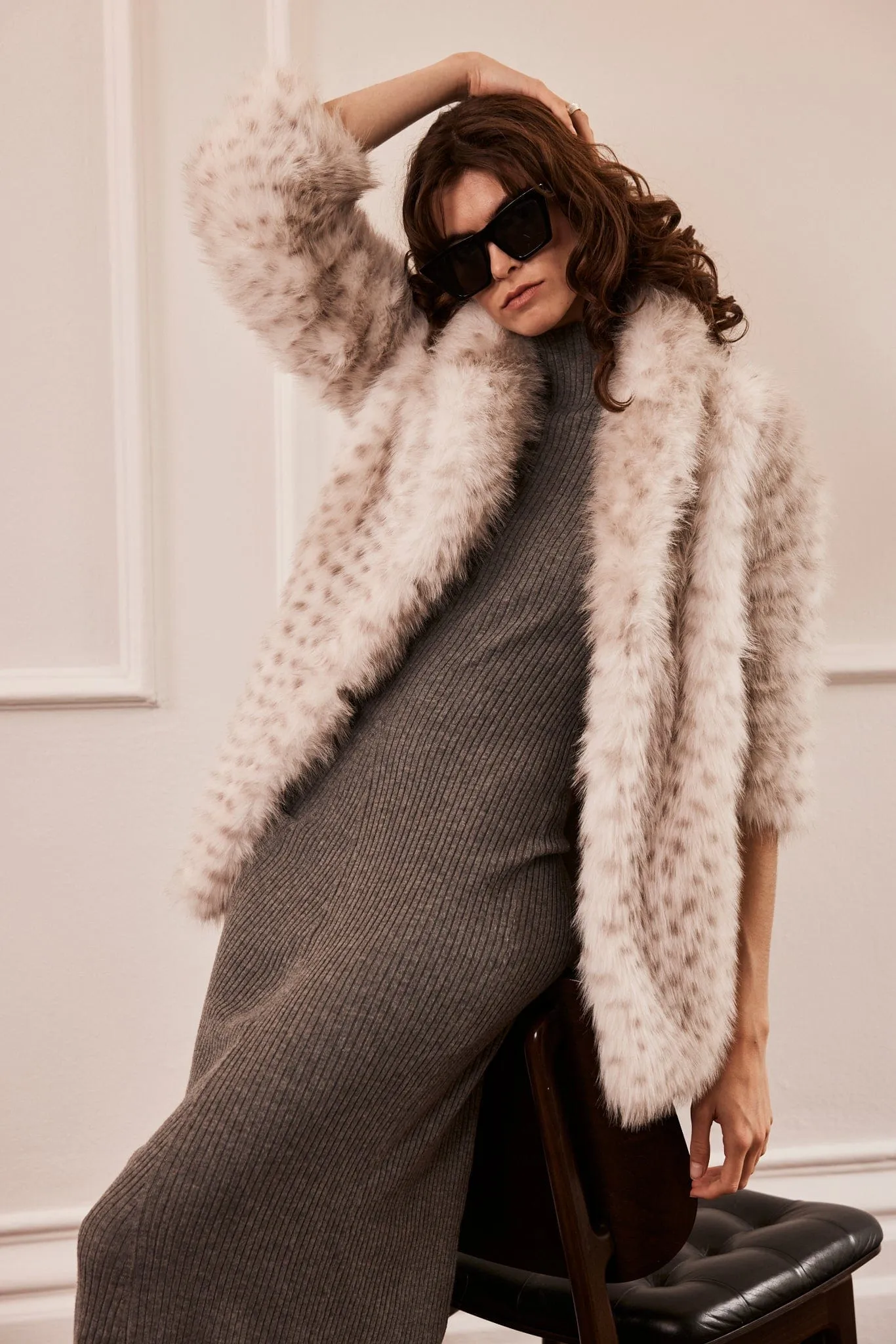 Freya Vegan Faux Fur Coat | Snow Leopard Grey