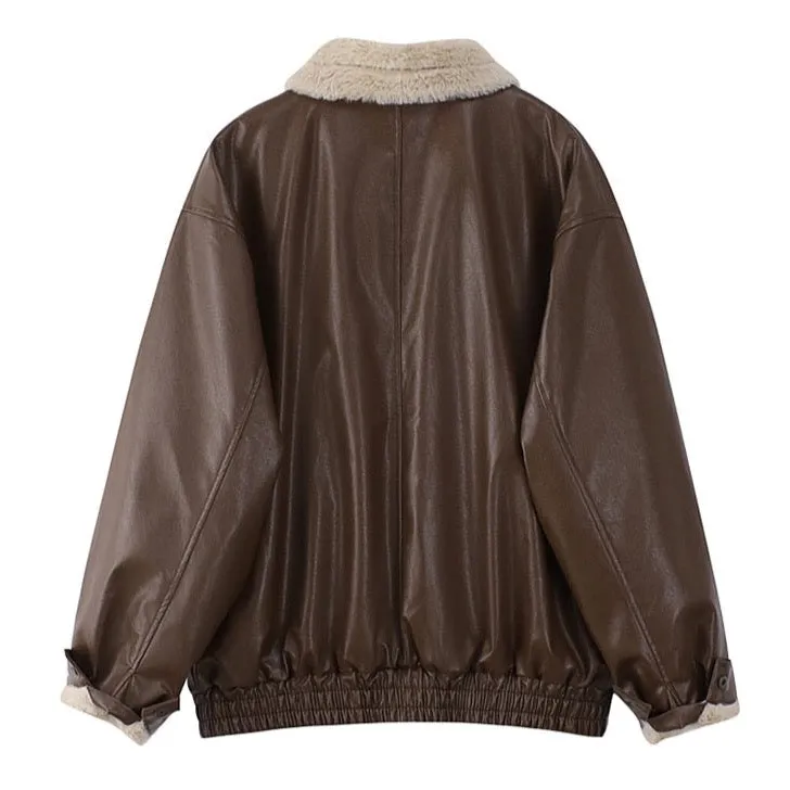 Fur-lined Faux Leather Bomber Jackets - 2 Colors