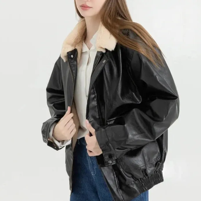 Fur-lined Faux Leather Bomber Jackets - 2 Colors