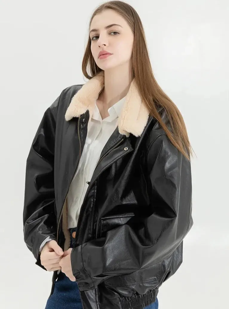 Fur-lined Faux Leather Bomber Jackets - 2 Colors