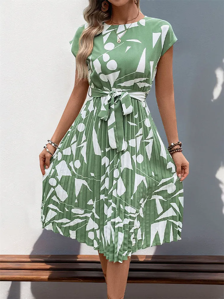 Geometric Print Pleated Dress