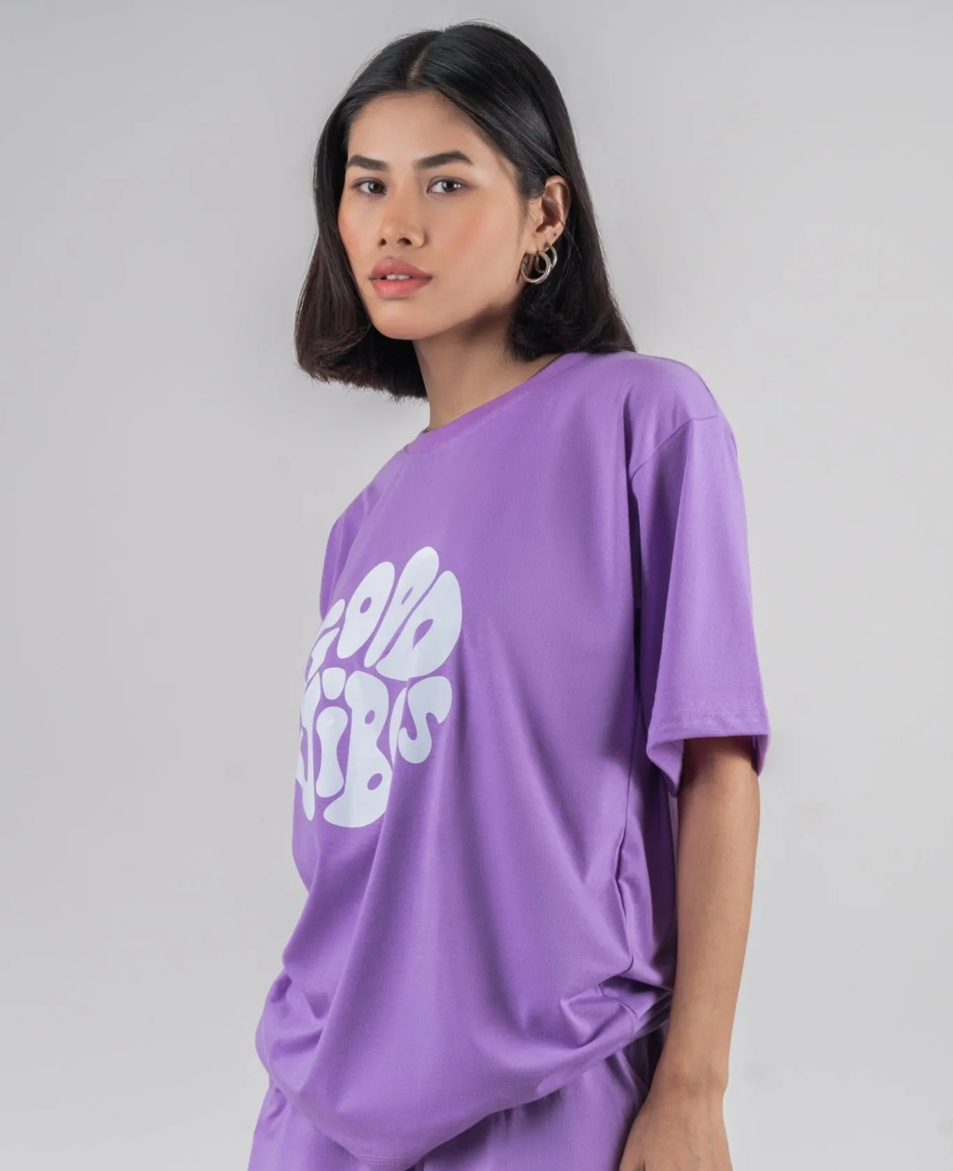 Good Vibes - Oversized Lavender Women Cotton Tshirt