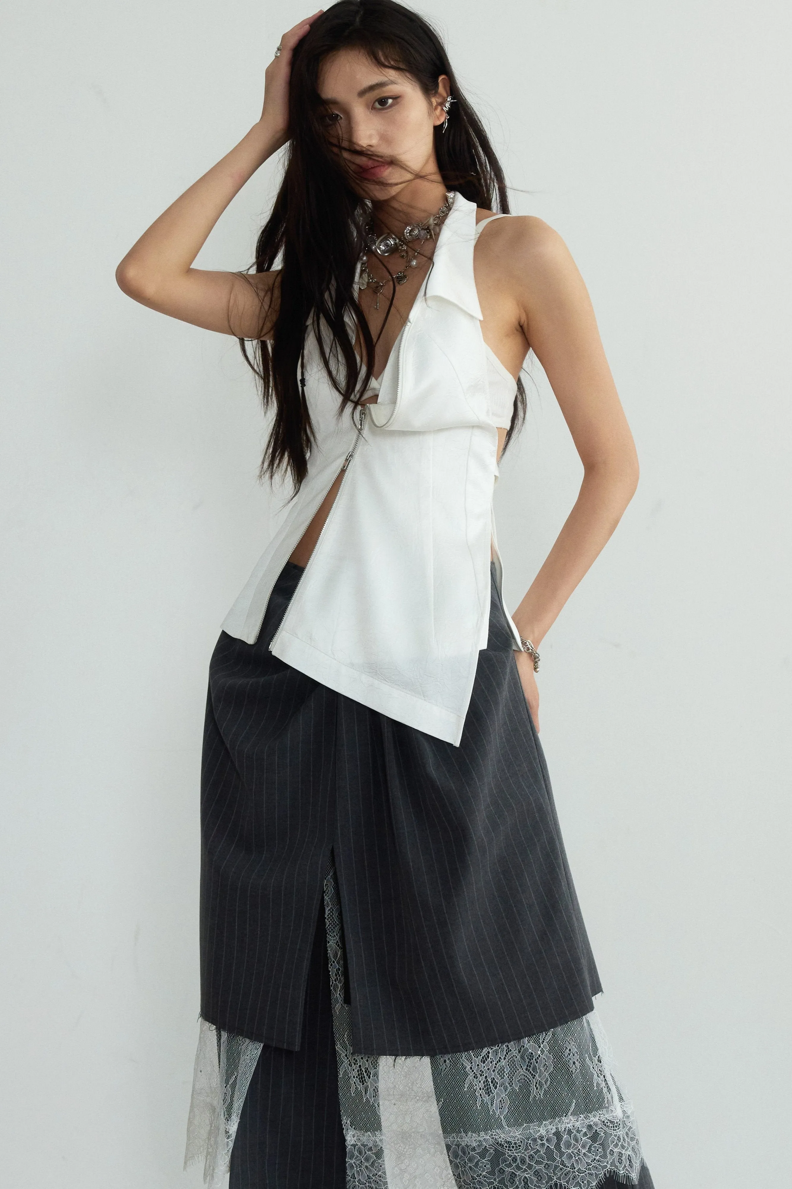 Gray Striped Sculptural Three-Piece Skirt Trousers