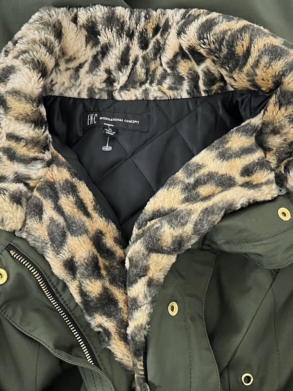 INC Size XL (16) Olive Green Leopard Winter Parka Coat