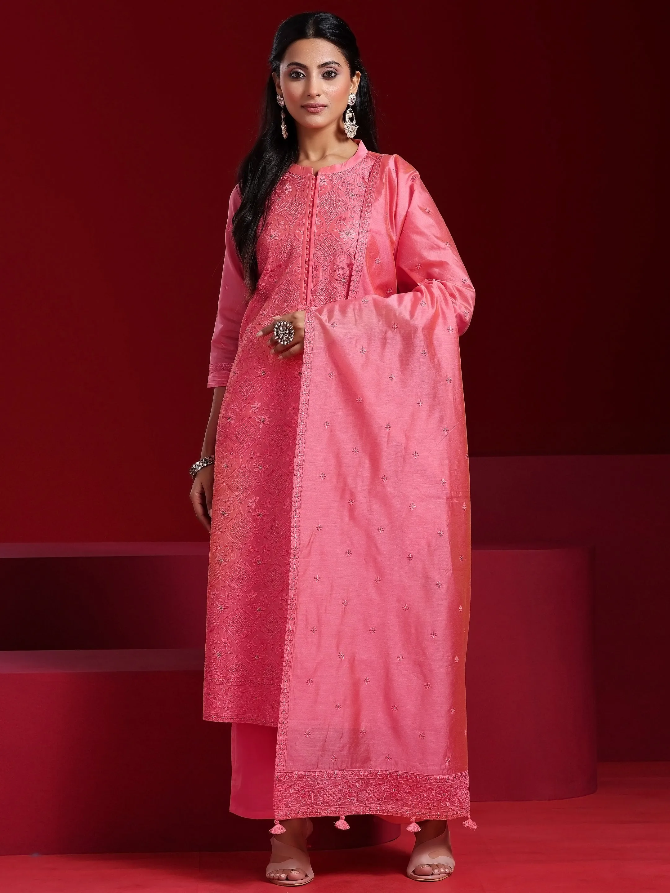 Jashvi Art Coral Embroidered Chanderi Silk Straight Suit With Dupatta