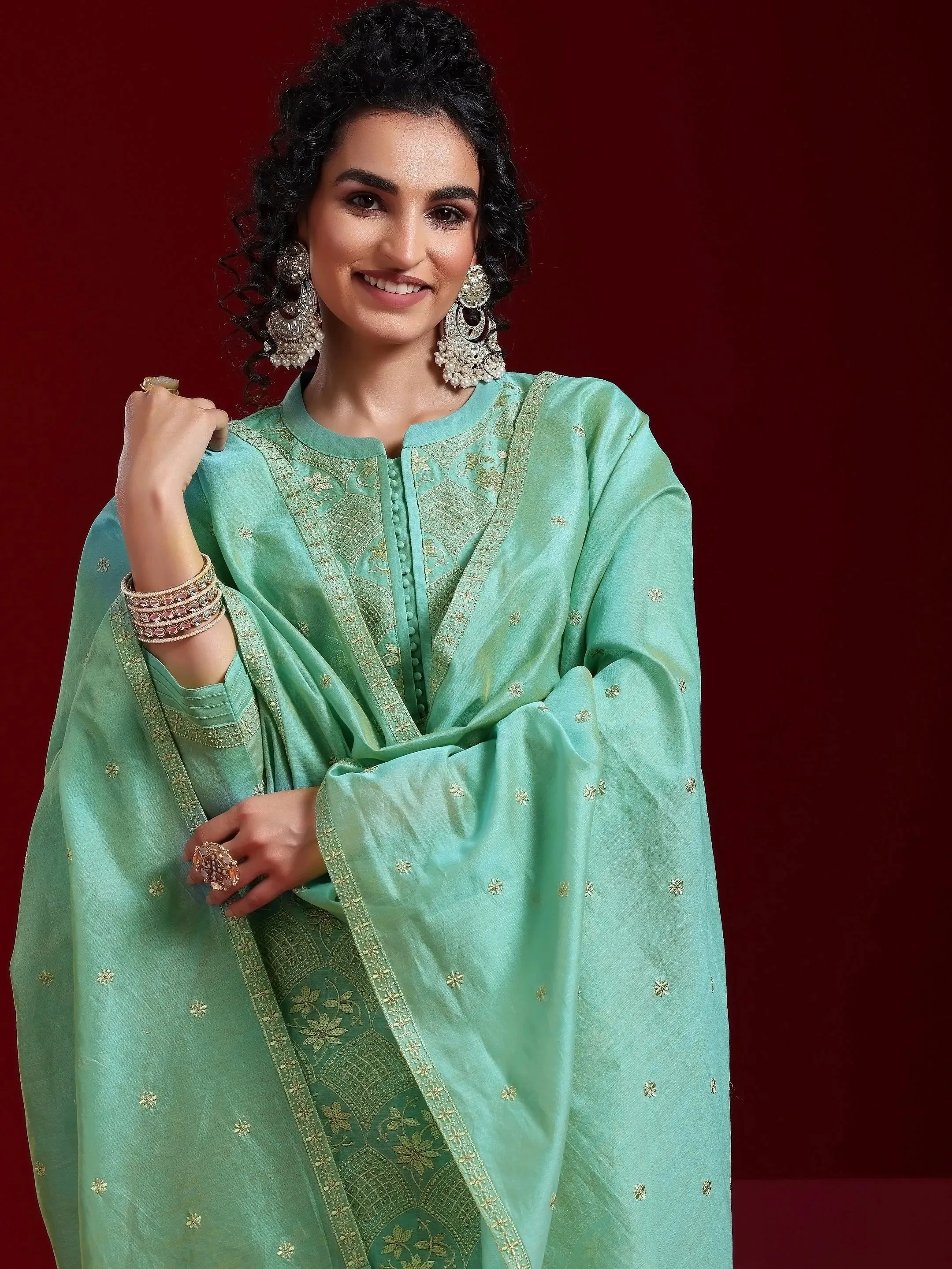 Jashvi Art Green Embroidered Chanderi Silk Straight Suit With Dupatta