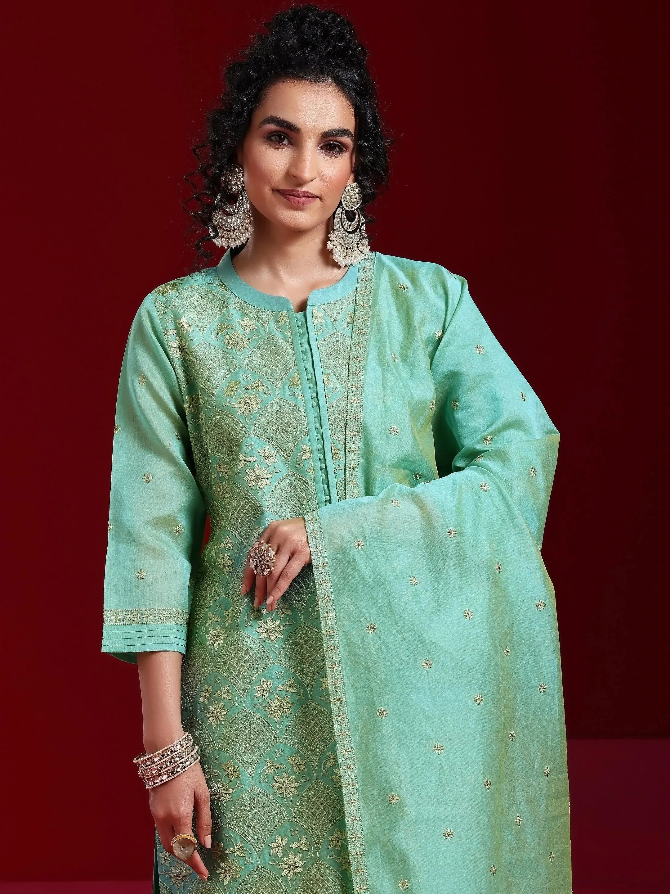 Jashvi Art Green Embroidered Chanderi Silk Straight Suit With Dupatta