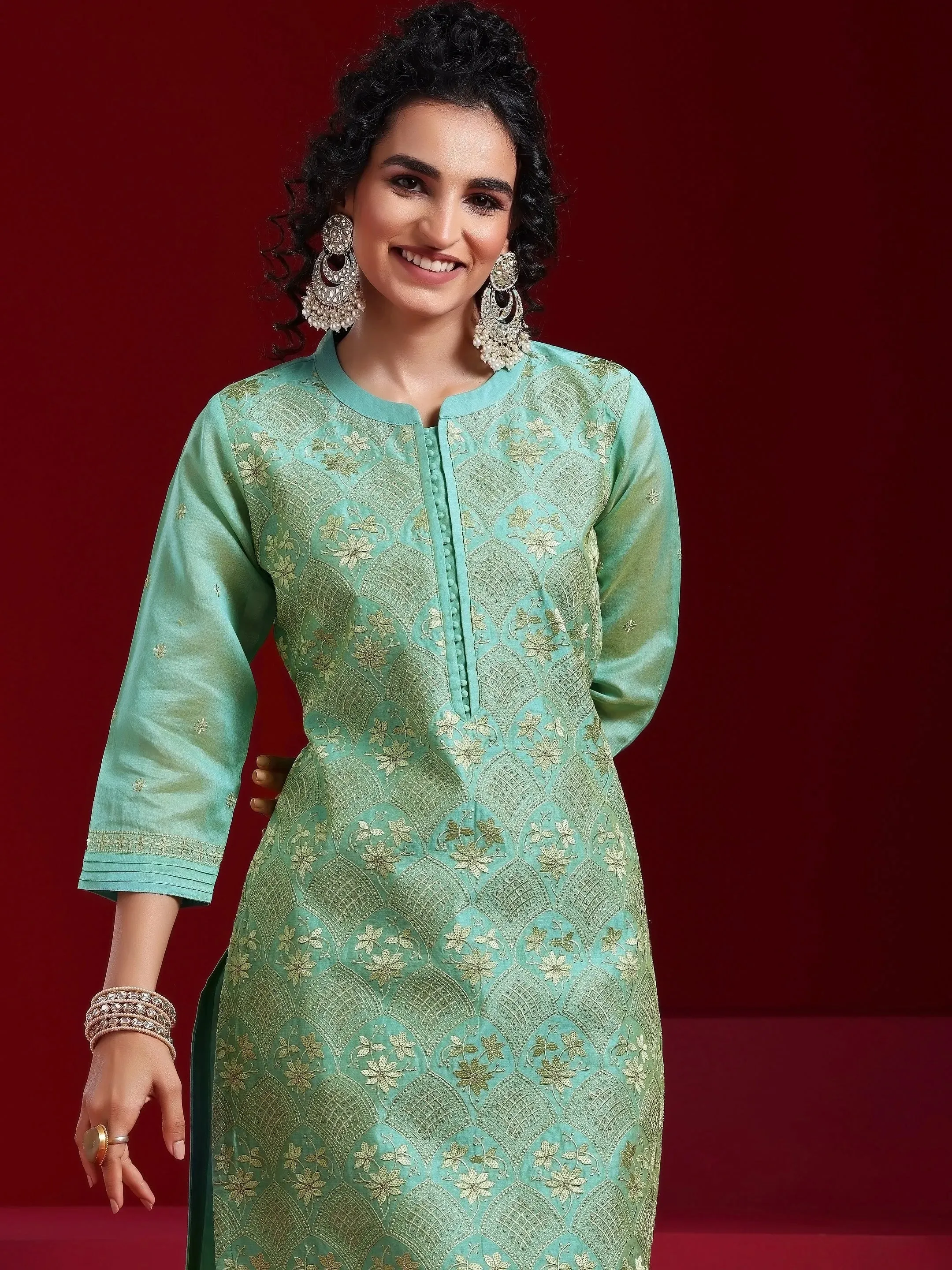 Jashvi Art Green Embroidered Chanderi Silk Straight Suit With Dupatta