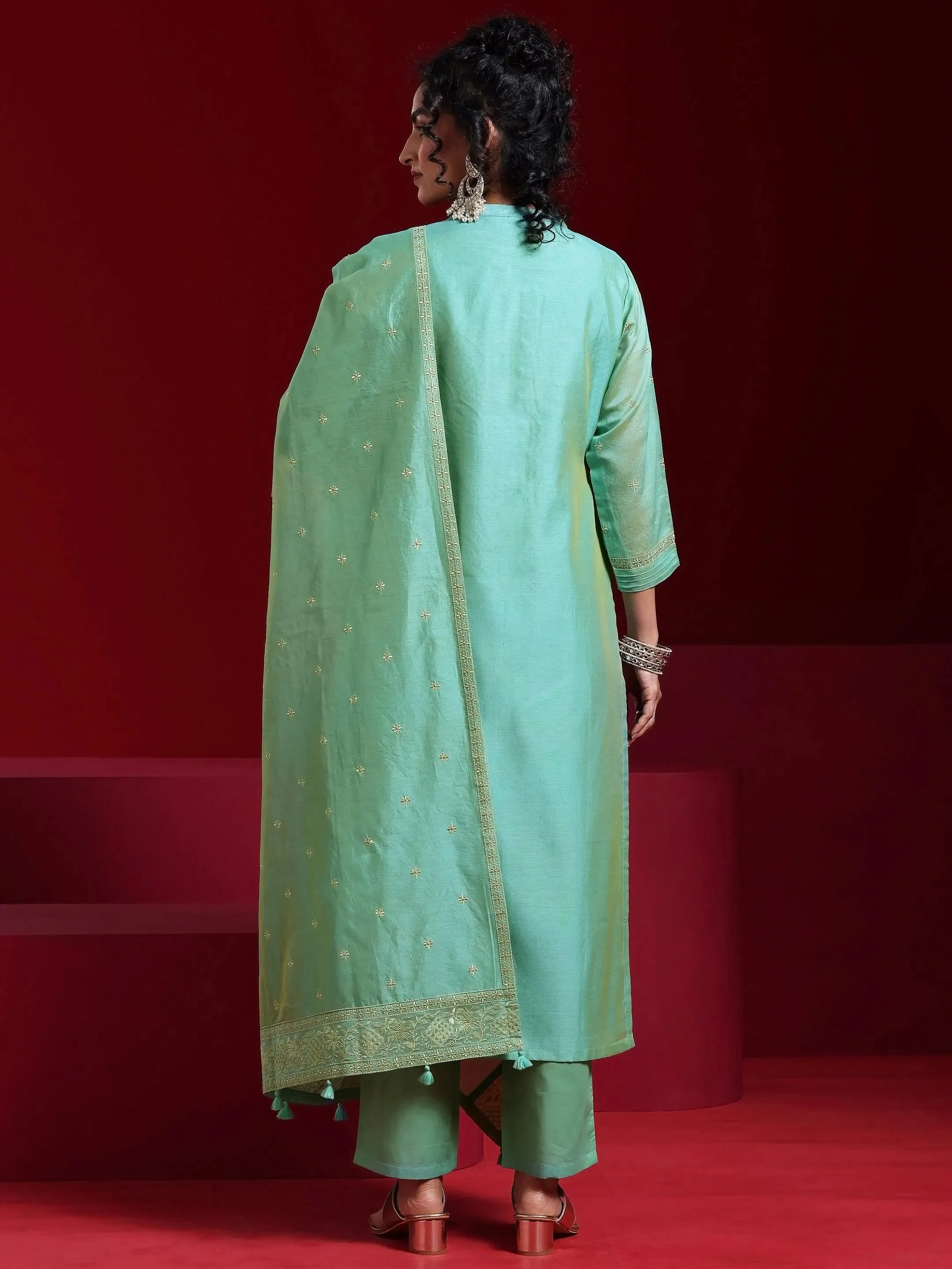 Jashvi Art Green Embroidered Chanderi Silk Straight Suit With Dupatta