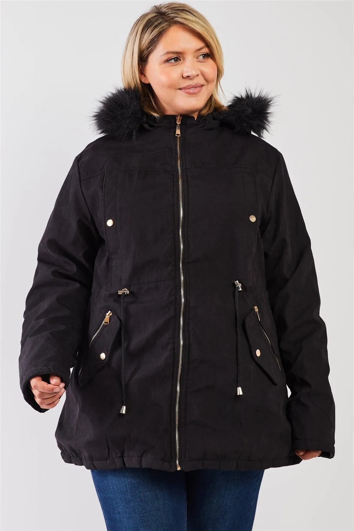 Junior Plus Size Reversible Black Dyed Vegan Fur Double-Sided Cotton Twill Parka & Puffer Jacket /1-1-1-1